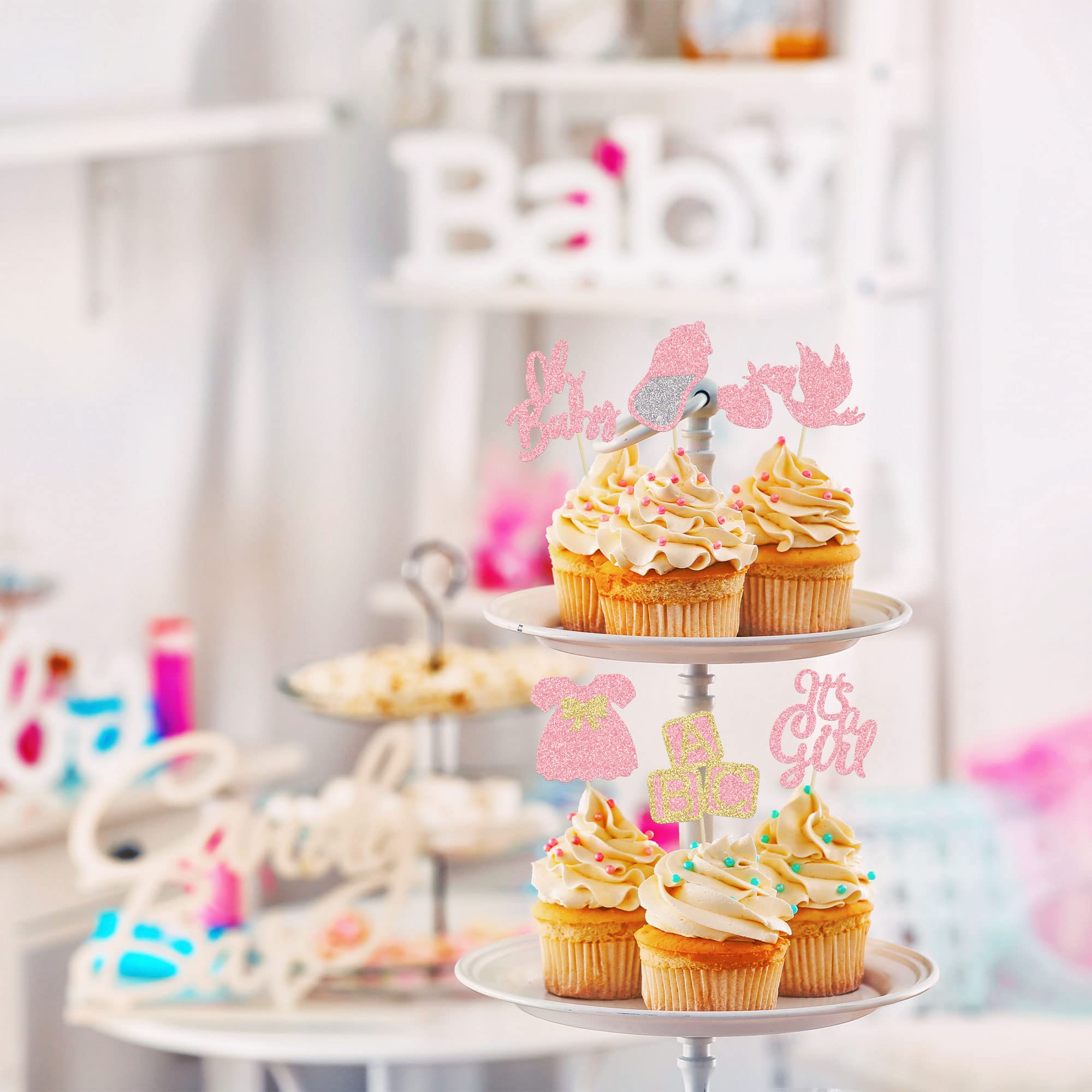 48 Stück 'Oh Baby' Cupcake Topper Aus Glitzer-Karton - Rosa, Für Babyparty & Geschlechtsenthüllung