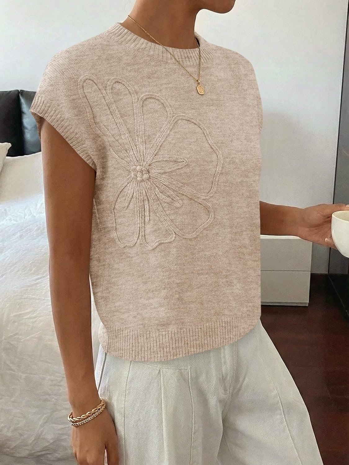 Saodimallsu Womens Short Sleeve Sweater Trendy Floral Pullover Sweaters Summer Casual Crewneck Lightweight Knit Tops - Image 4