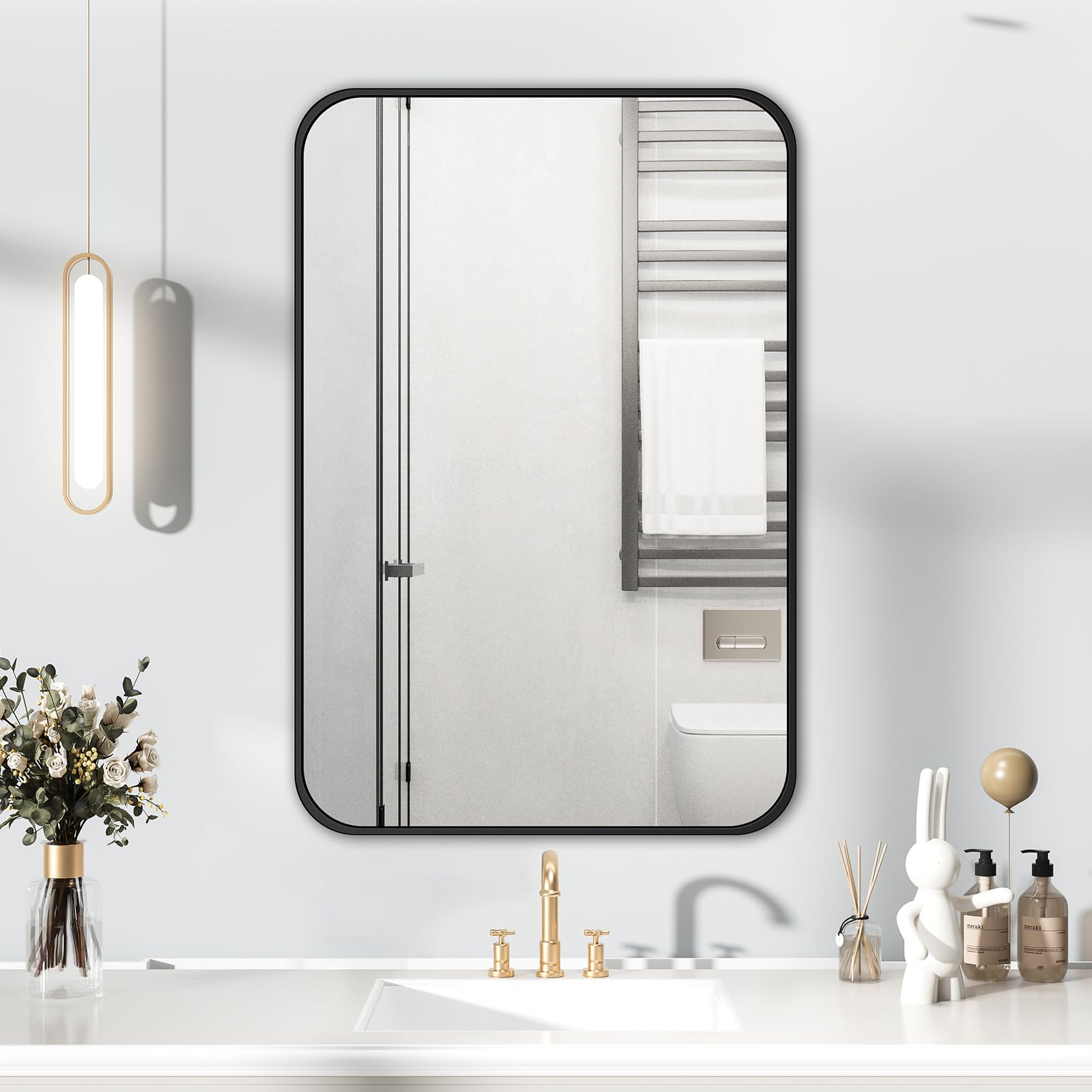 HIGHBATH Espejo con marco negro de 60 x 80 cm, espejo de pared grande para baño, rectangular, moderno, para colgar en la pared horizontal/vertical