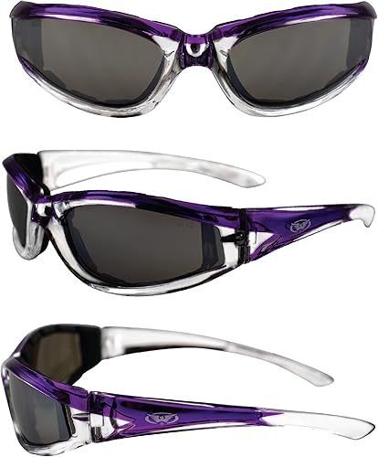 Miniatura 5 de Global Vision Lentes de sol acolchados para motocicleta para mujer, 2 pares de cristales de dos colores, rosa y cristalmorado con lentes de espejo