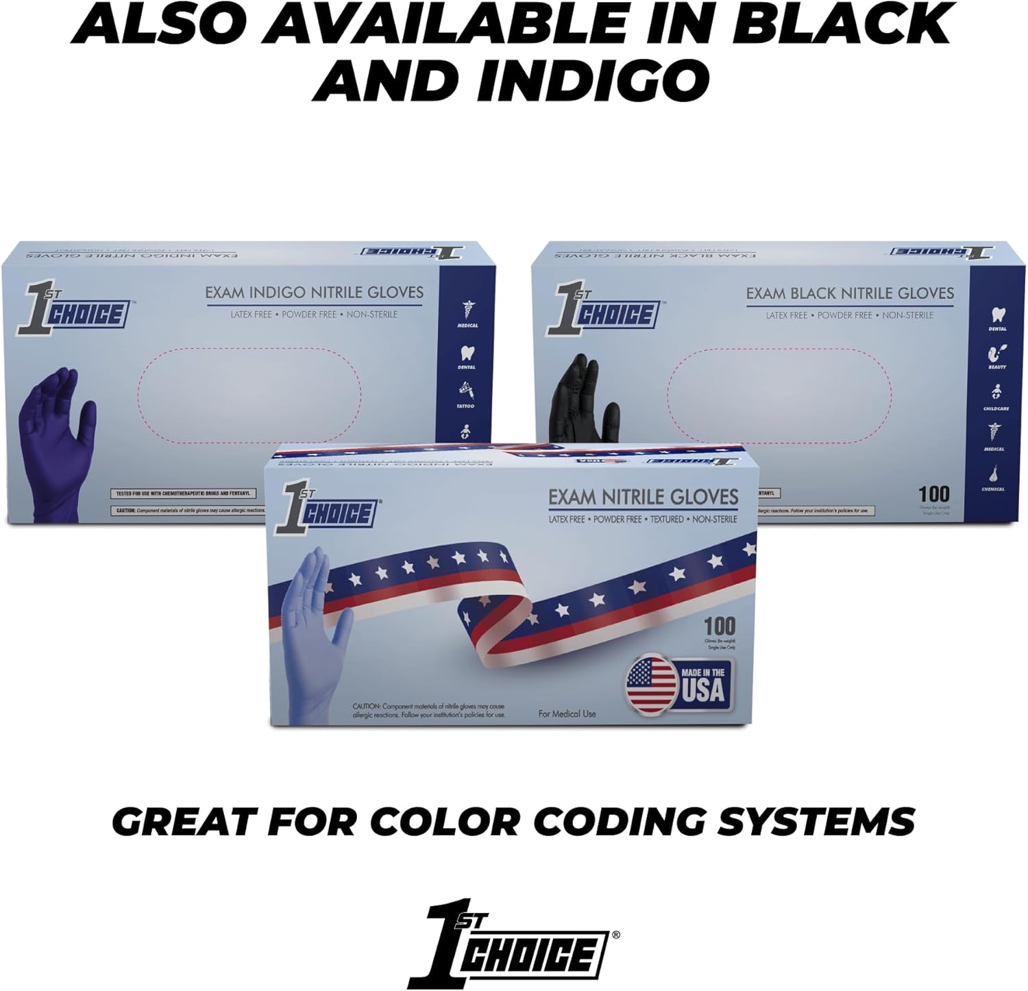 1st Choice 3 Mil Indigo Blue Nitrile Disposable Exam Gloves Made in USA, TAA Compliant Latex Free Medical Grade Cleaning S-XL