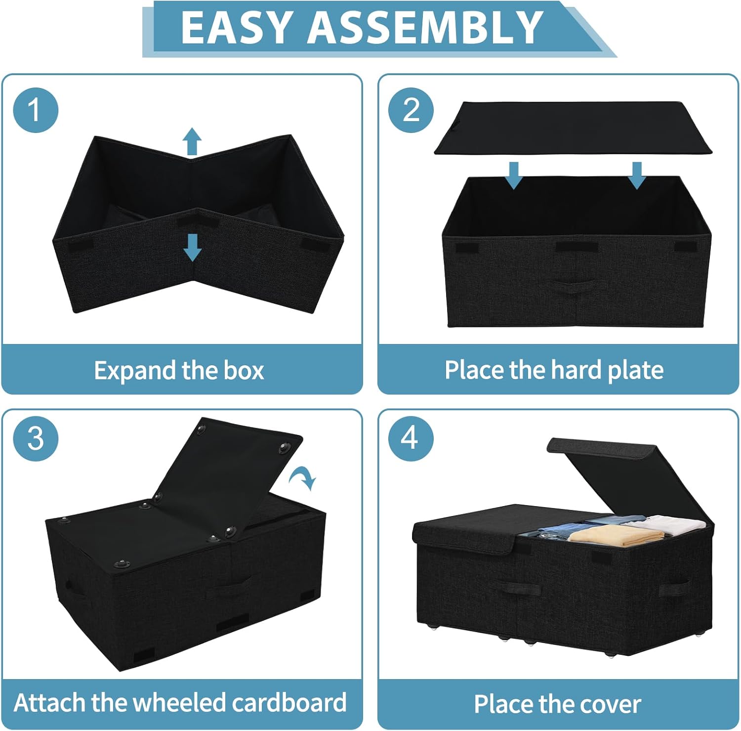 Under Bed Storage Container with Wheels, 2 Pack 10" High Deep Underbed Rolling Box Storage Bins Drawers with Lids for Bedroom, Dorms, Clothes, Shoes, Blankets, No Assemble Required, Black