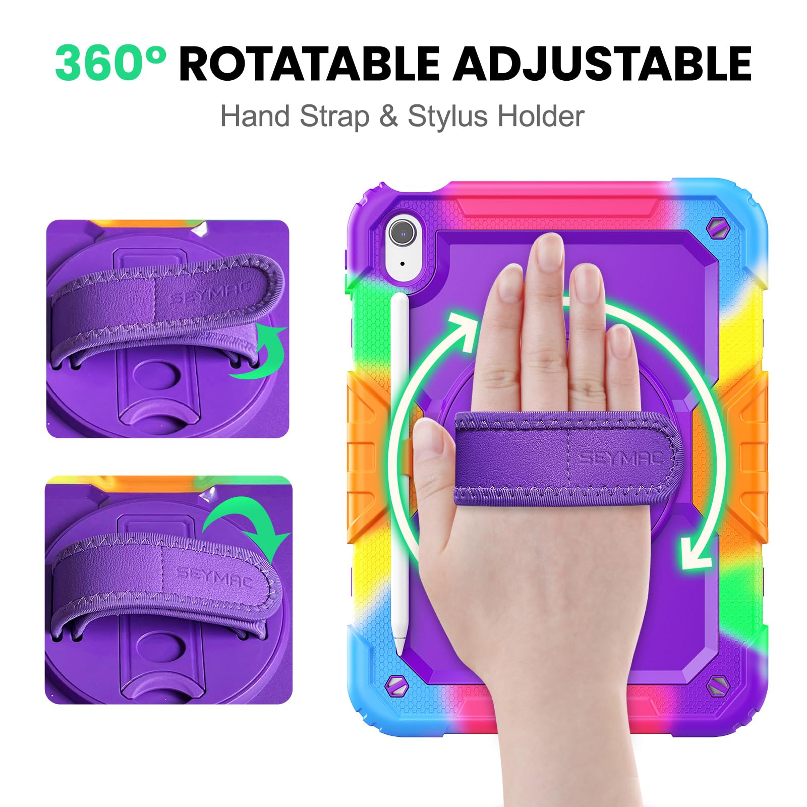 SEYMAC Funda para iPad (A16) 11/10 Generación 2025/2022 (11/10,9 Pulgadas), Resistente a los Golpes con Protector de Pantalla, Soporte Giratorio de 360°, Soporte para Lápiz, Camuflaje Morado