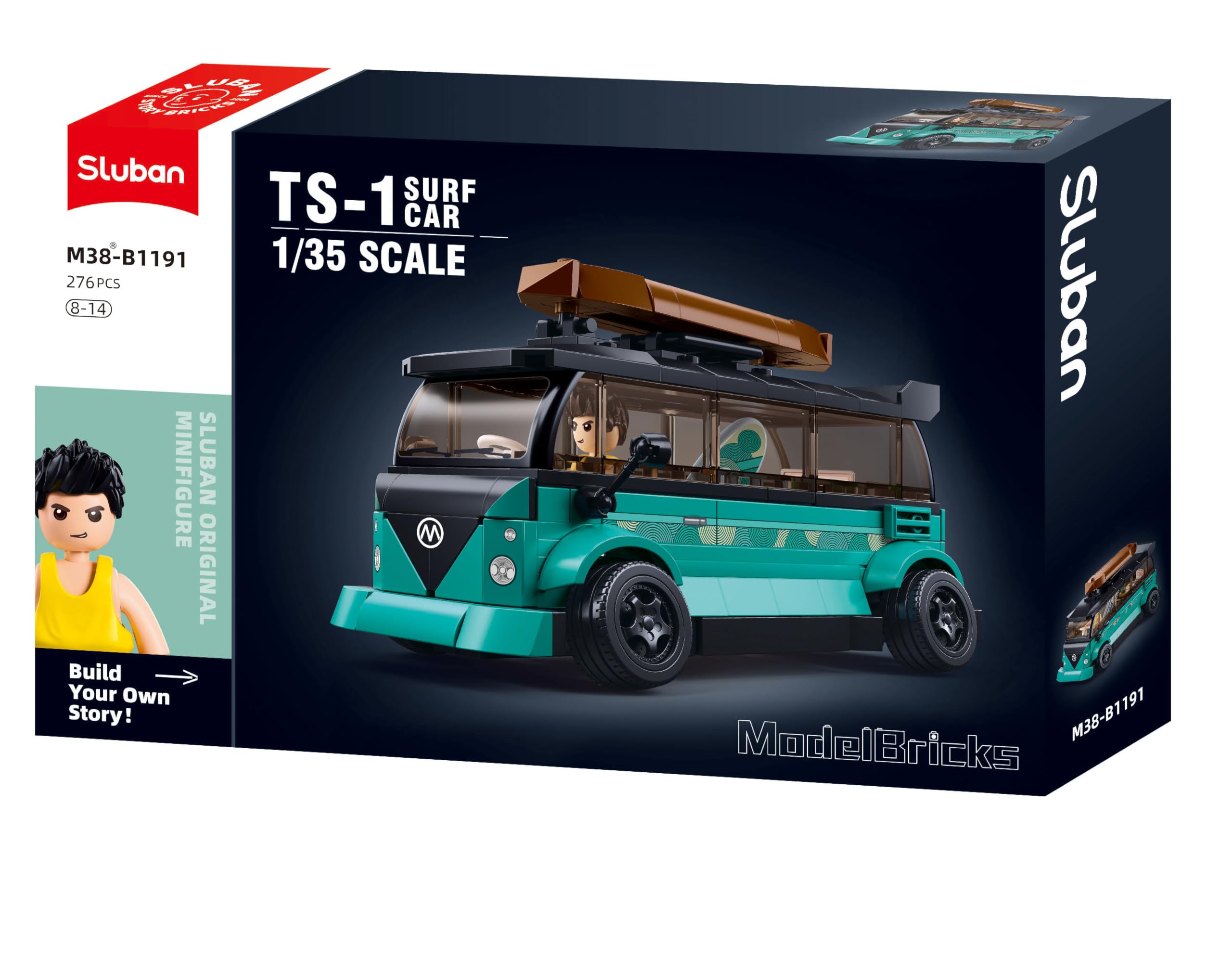 Sluban TS-1 Surf Car Modellbaukasten, 1/35 Maßstab, 276 Teile, Türkis-Schwarz, 8-14 Jahre, M38-B1191
