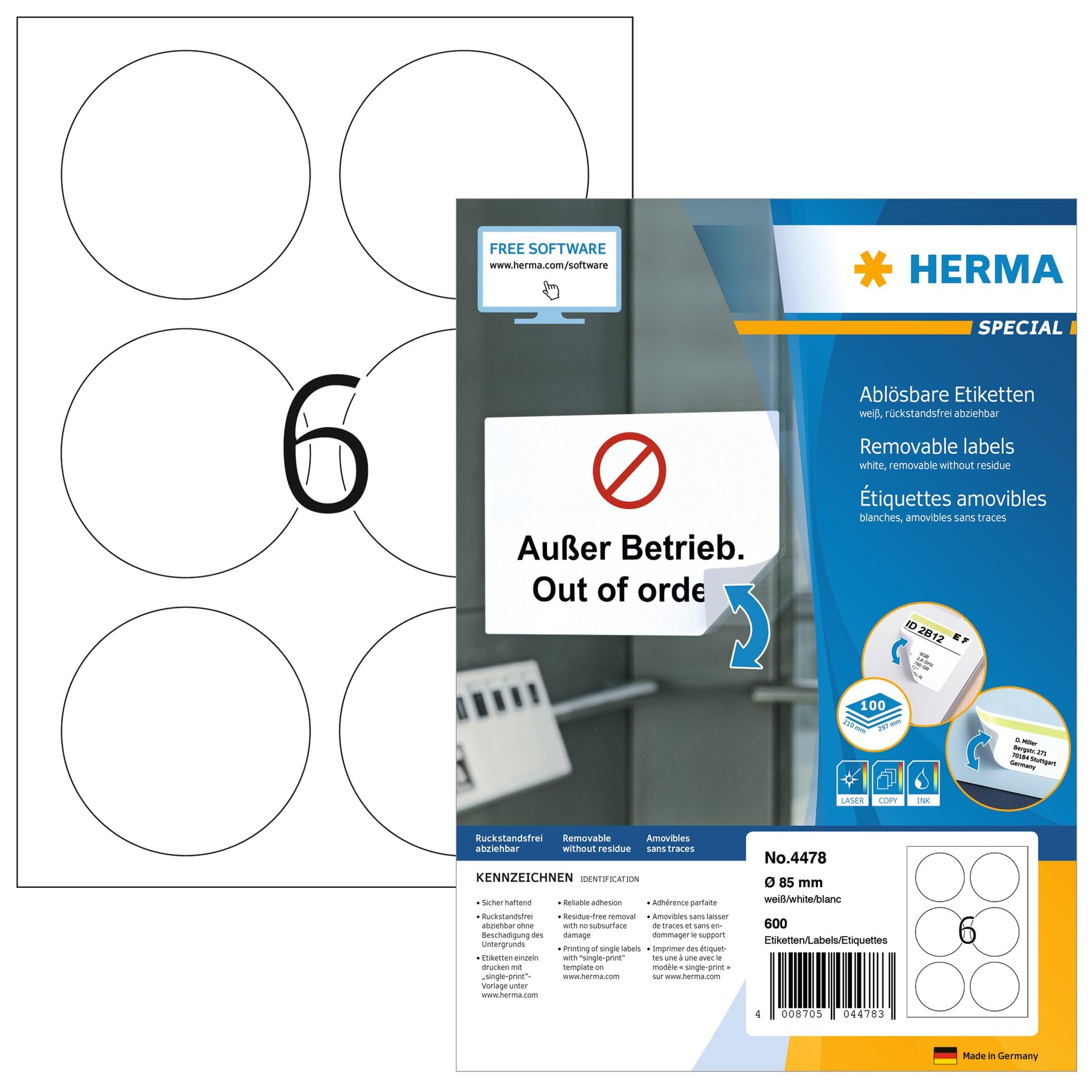 HERMA Self Adhesive Removable Multi-Purpose Labels, 6 Labels Per A4 Sheet, 600 Labels For Printers, Round, ├ÿ 85 mm (4478), White