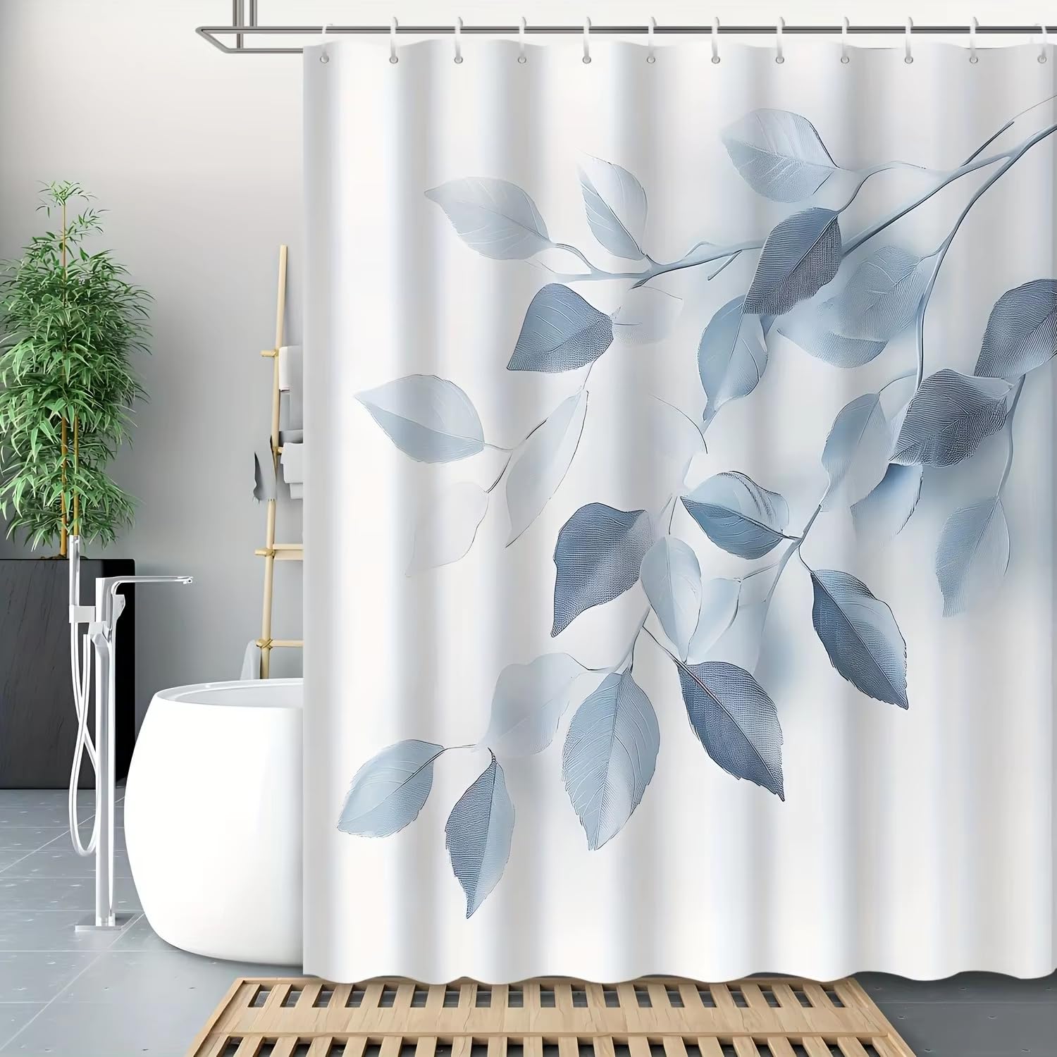 Rideau de douche feuilles d'eucalyptus pour une salle de bain style nordique