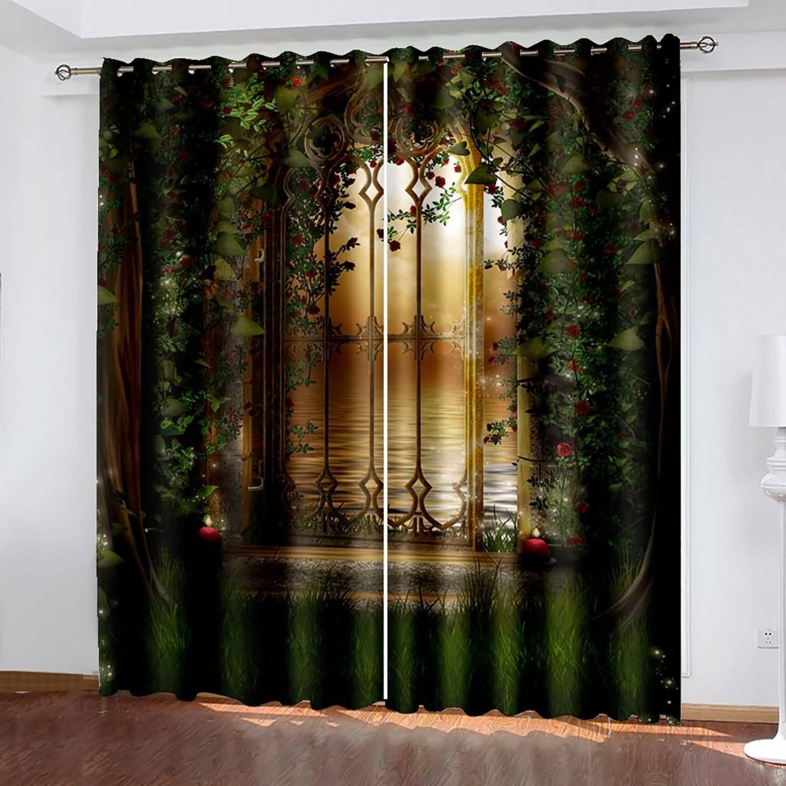 Thermovorhang Kälteschutz, 132x274cm Grün Braun Fantasiebäume Tür und See Sommer Vorhang Blickdicht mit Ösen Thermovorhang Kälteschutz Vorhänge Wohnzimmer Schlafzimmer Wärmeisolierend