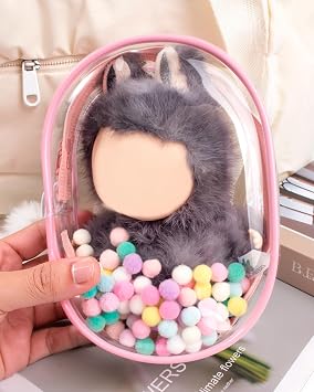 Clear Figure Display Bag with Keychain for Doll, Protective Case for Dolls Storage Bag, Pouch Keychain for Collectibles with Pompoms Waterproof Dustproof Pouch Display Storage Box for Doll (Pink)