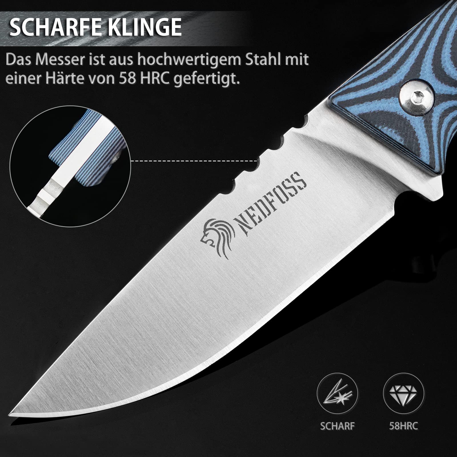 NedFoss Outdoor Messer mit Kydex Holster, Bushcraft Messer 9cm Klingenlänge | Fulltang Jagdmesser Fahrtenmesser, scharfes rutschfestem G10 Griff, Schwarz