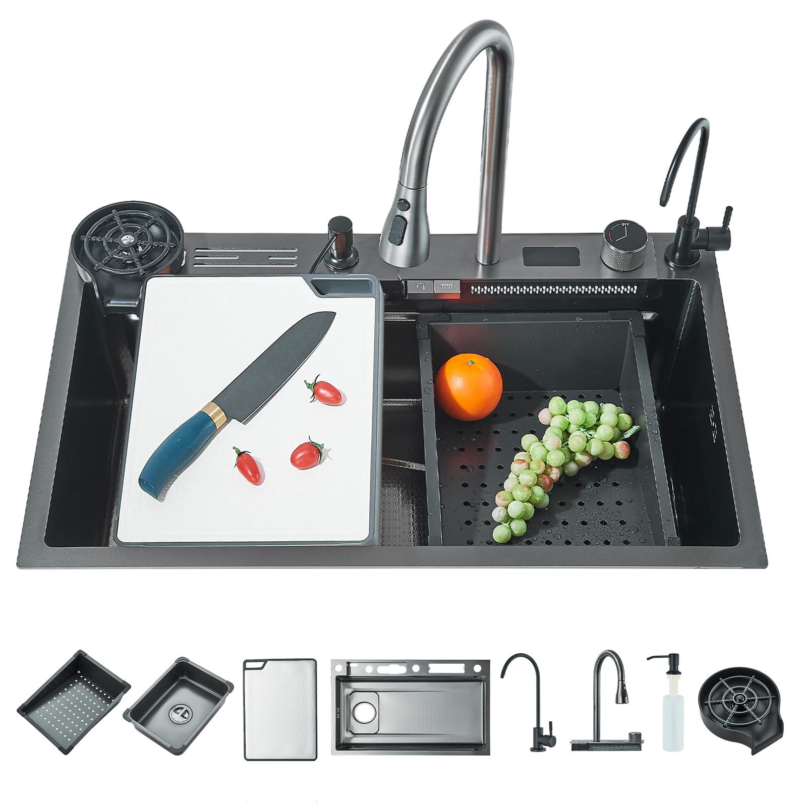 Evier Cuisine Evier Multifonction avec Haute Pression Bec Extractible et eau Pure Inox Rince Verr Automatique 1 Bac avec Egouttoir 75 * 45 * 22cm