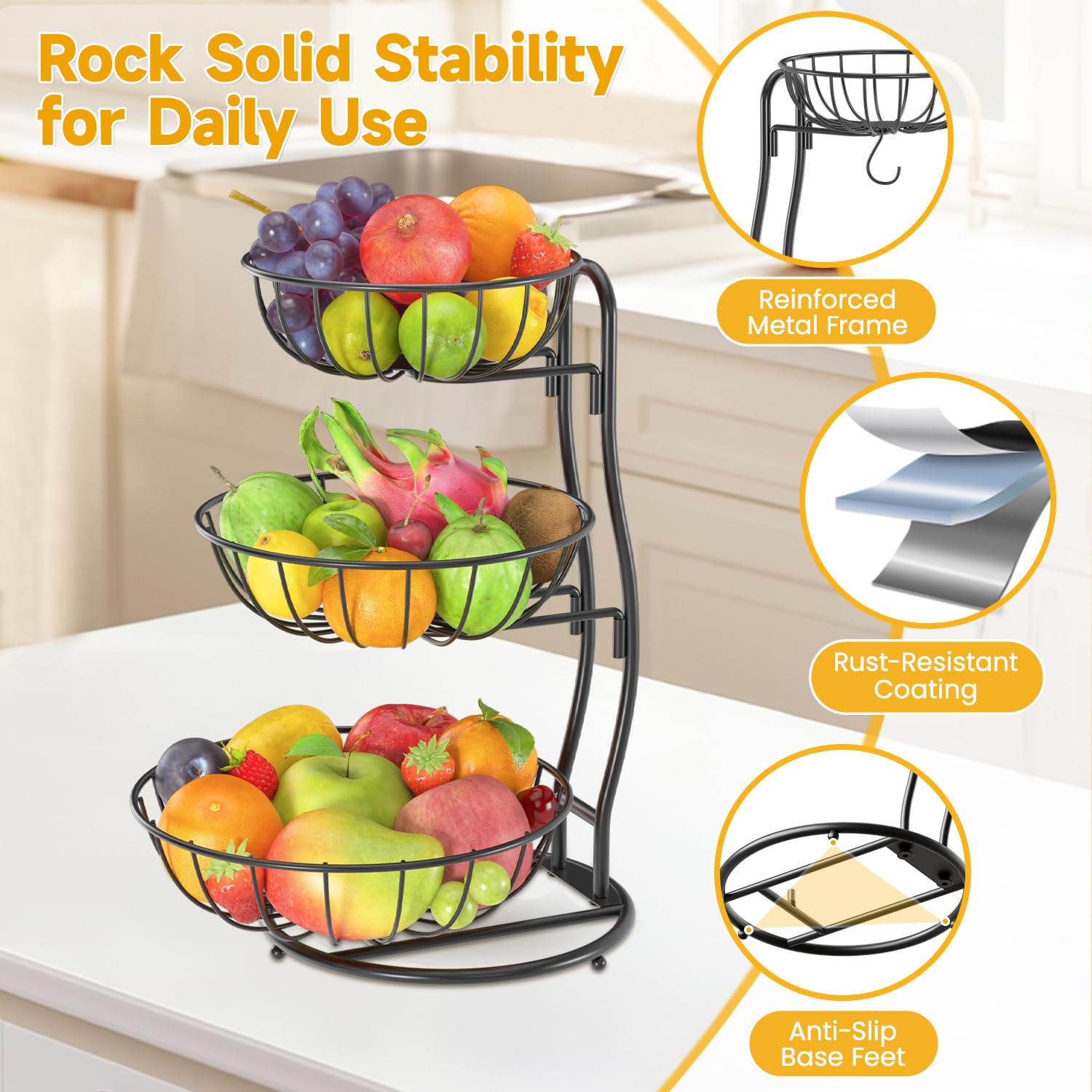 3 Tier Metal Fruit Basket Organizer - Countertop Storage For Fruits, Vegetables, Bread, Snacks, Space Saving Kitchen Counter Stand, Black - View #9