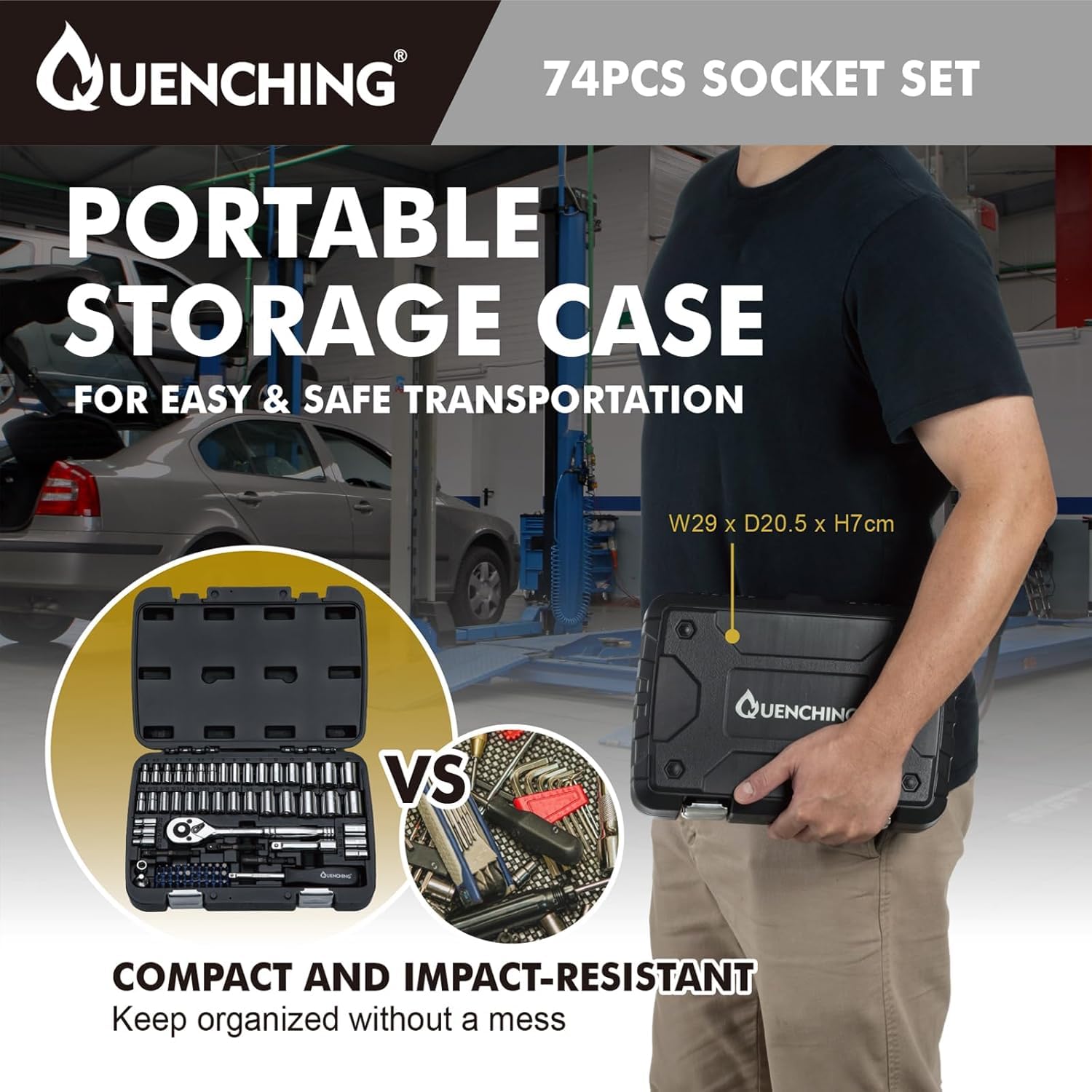 QUENCHING 1/4" & 3/8" Drive Socket Set, 74Pcs Socket Wrench Set SAE From 1/4"-3/4", Metric 4-19mm, 6-Point CR-V Shallow Sockets Kit With 72T - View #8