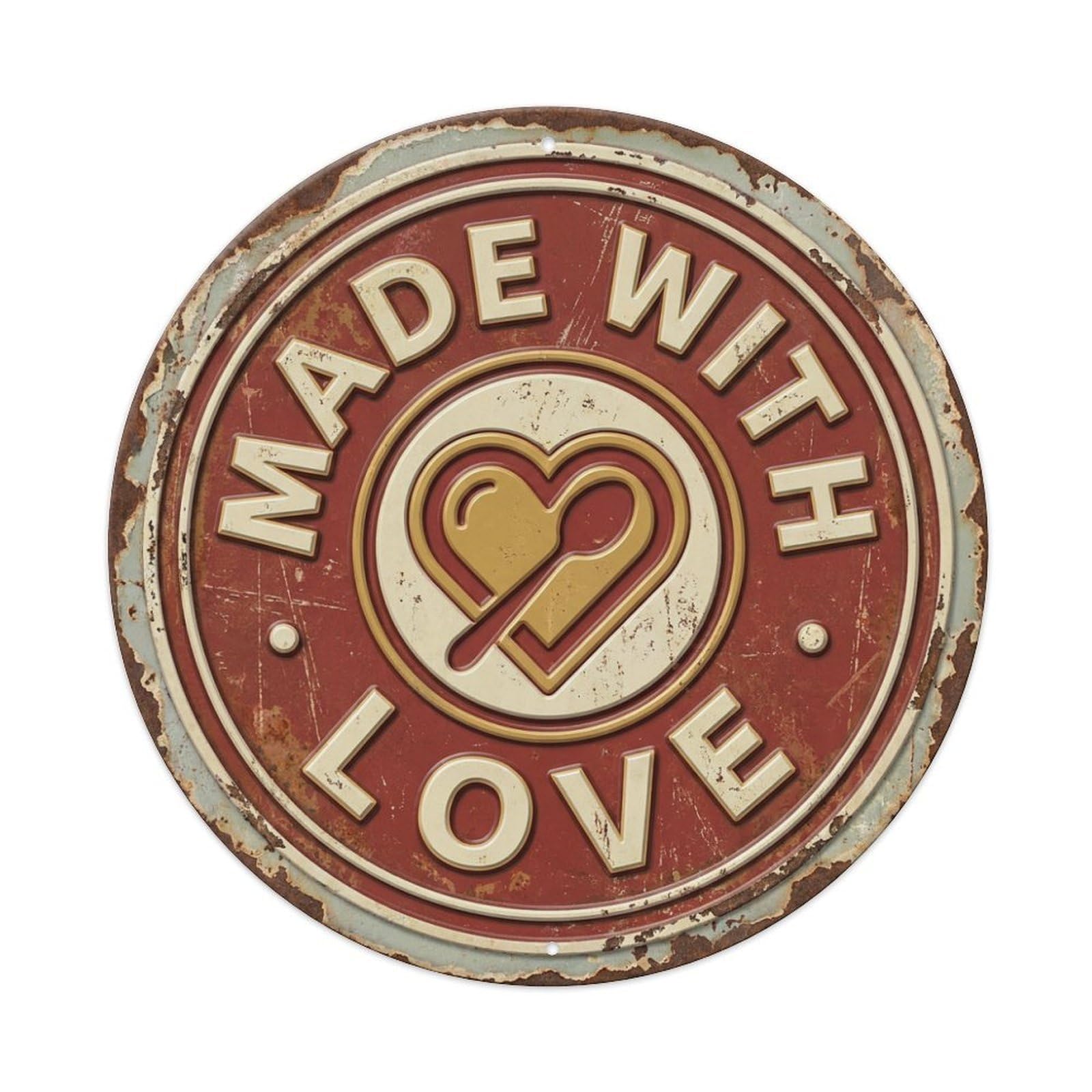 Made with Love Nostalgic Hanging Ornament Retro Slogans Vintage Metal Tin Sign Plaque Wall Decor for Cafe, Club, Garden Round Metal Poster 8x8Inch