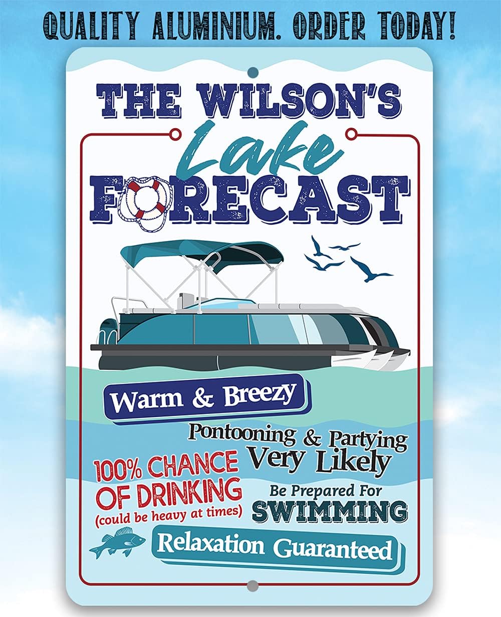 Personalized Lake Forecast Pontoon - Great Lake House and Cabin Decoration, Boating and Fishing Summer Accessories, Custom Name Housewarming Gift, 8x12 or 12x18 Indoors or Outdoors Durable Metal Sign