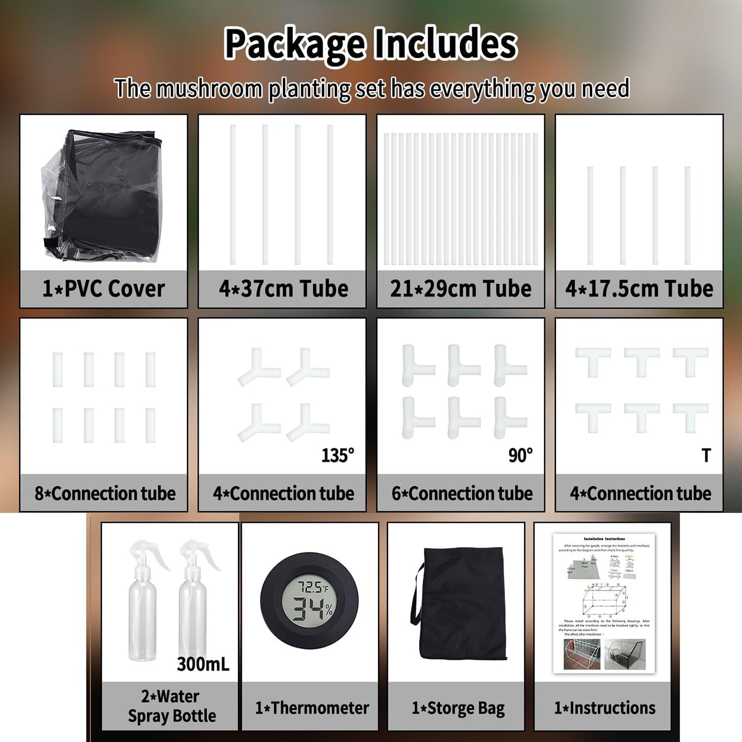 Kit de cultivo de setas, cámara de fructificación portátil de 90 x 60 x 60 cm con bolsas de cultivo, pulverizador y termómetro para jardinería interior