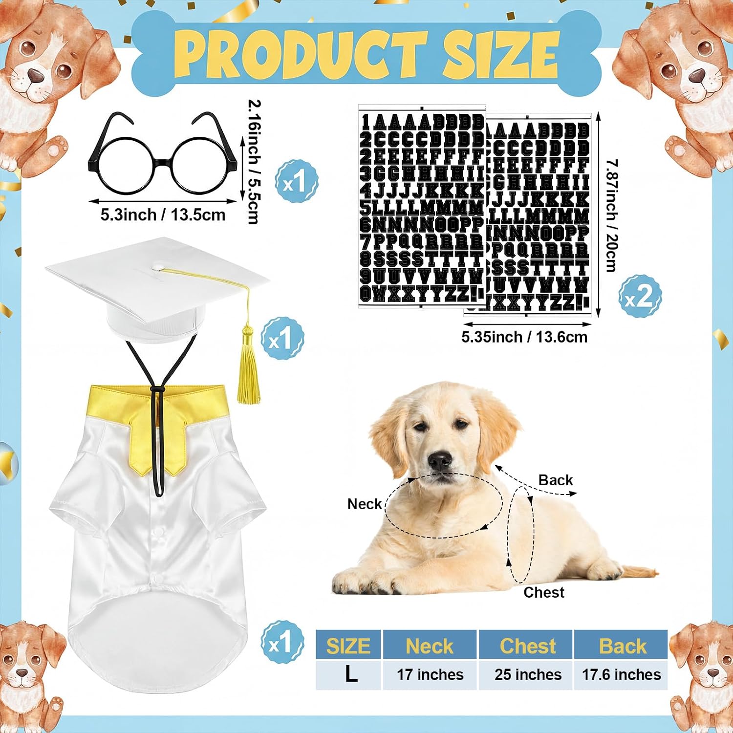 Huhumy 5 Pcs Dog Graduation Costume Set Include 2026 Pet Graduation Gown with Stole Puppy Grad Cap Lensless Glasses DIY Letter Stickers for Dogs Cats Holiday Costume Accessory(White Gold,L) image 2