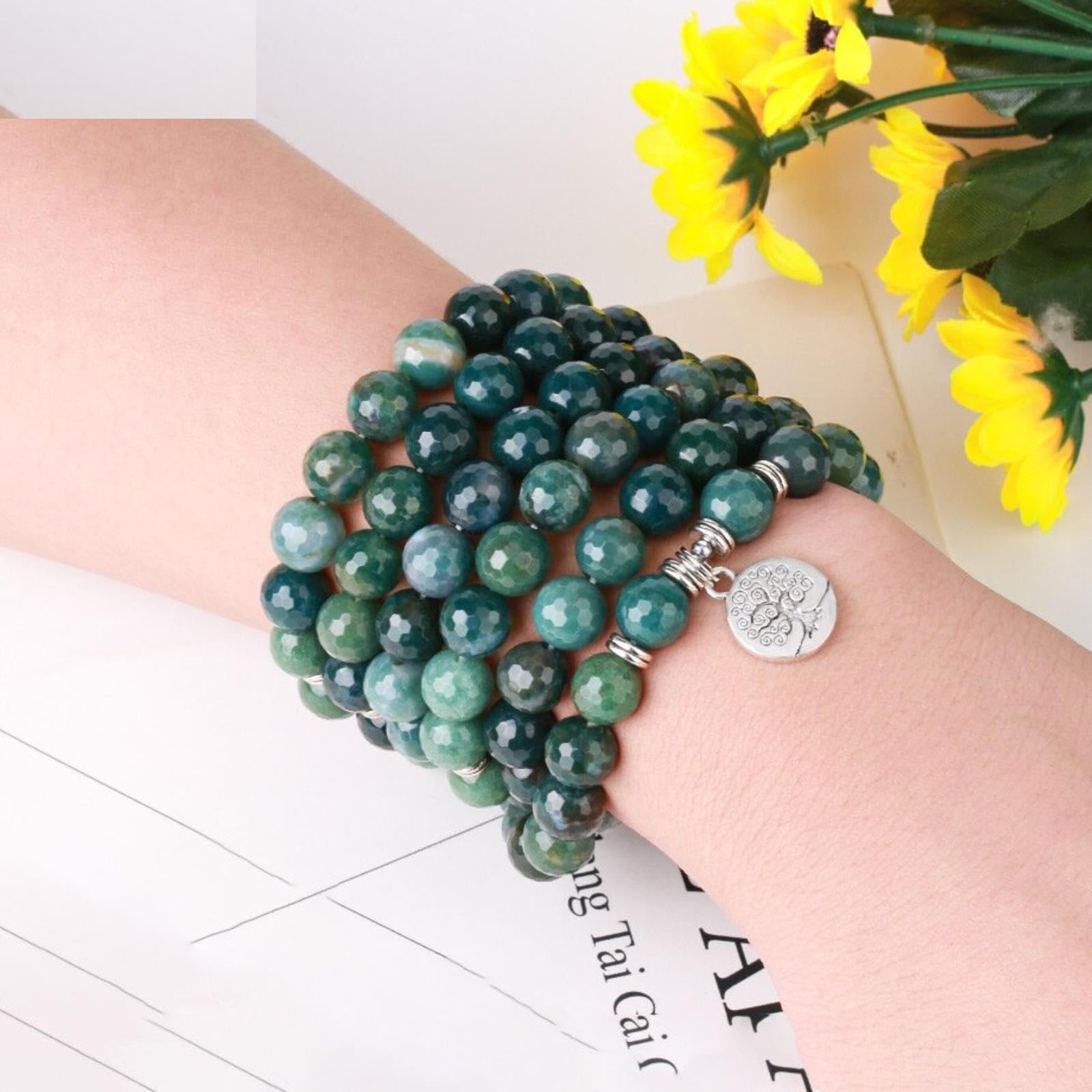 Bracciale Con Ciondoli Albero Della Vita 10 Mm Agata Muschiata Sfaccettata Braccialetti Avvolgenti In Pietra Naturale Per Gioielli Da Donna Multi Fili