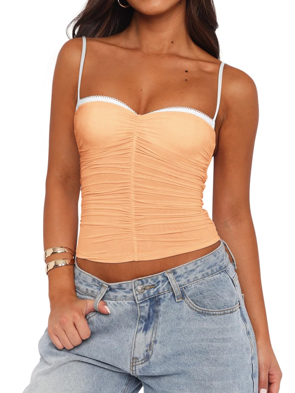 REORIA Women's Sexy Sweetheart Neck Going Out Tank Top Adjustable Spaghetti Straps Mesh Ruched Cami Tank Y2k Summer Outfits