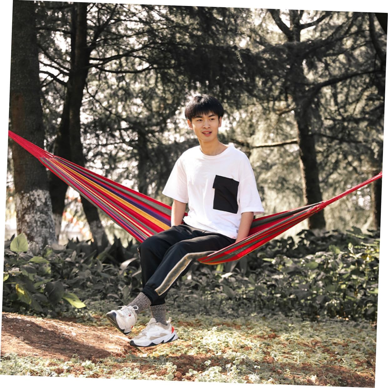BESPORTBLE Single Hammock Red Canvas Camping Hammock Outdoor Leisure Picnic Seat Anti-tip Design