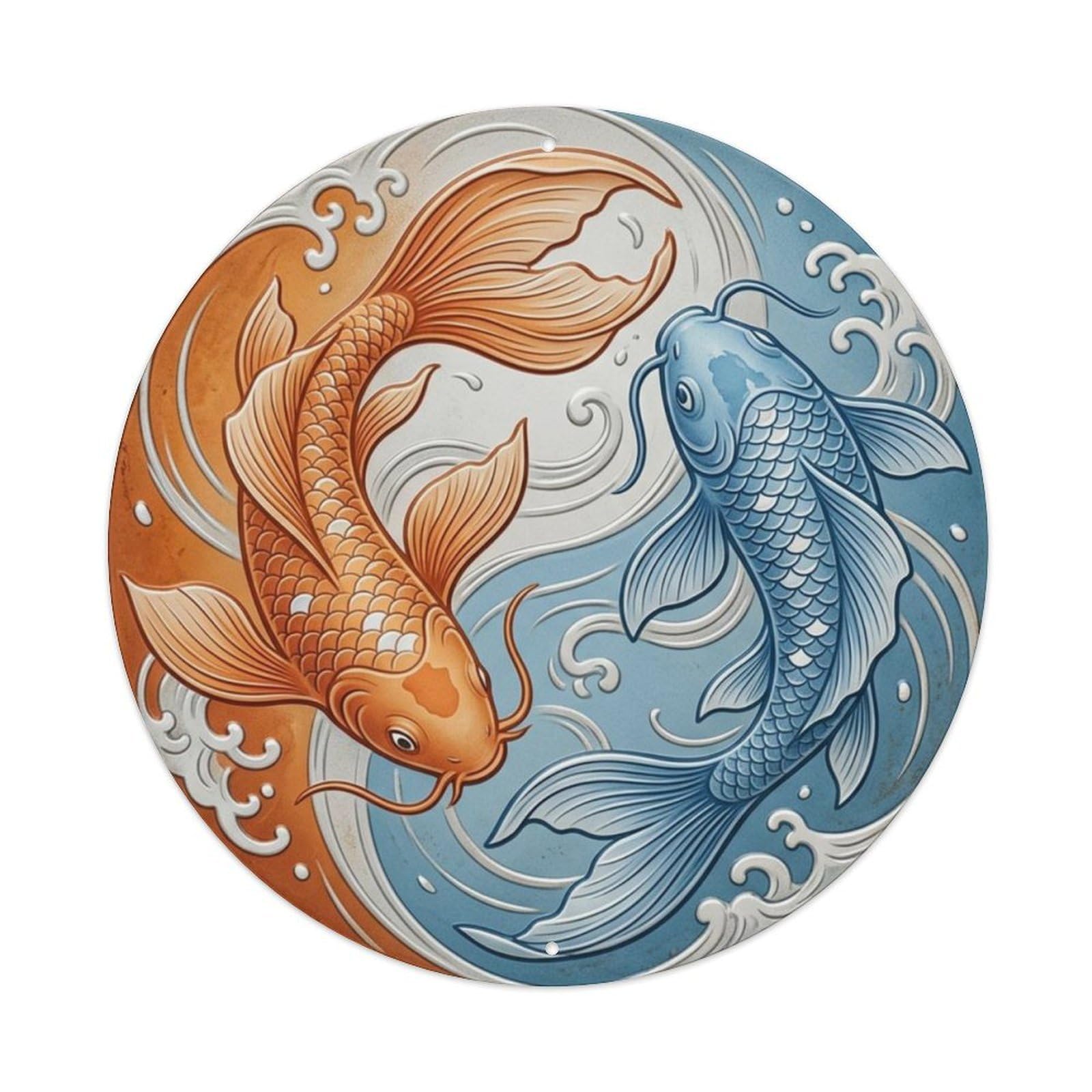 Fqcyn Style Giving Receiving Flow Koi Yin Yang Metal Tin Sign Plaque Wall Decor For Cafe, Club Bar, Office, Home Garden Round Metal Poster 8X8inch