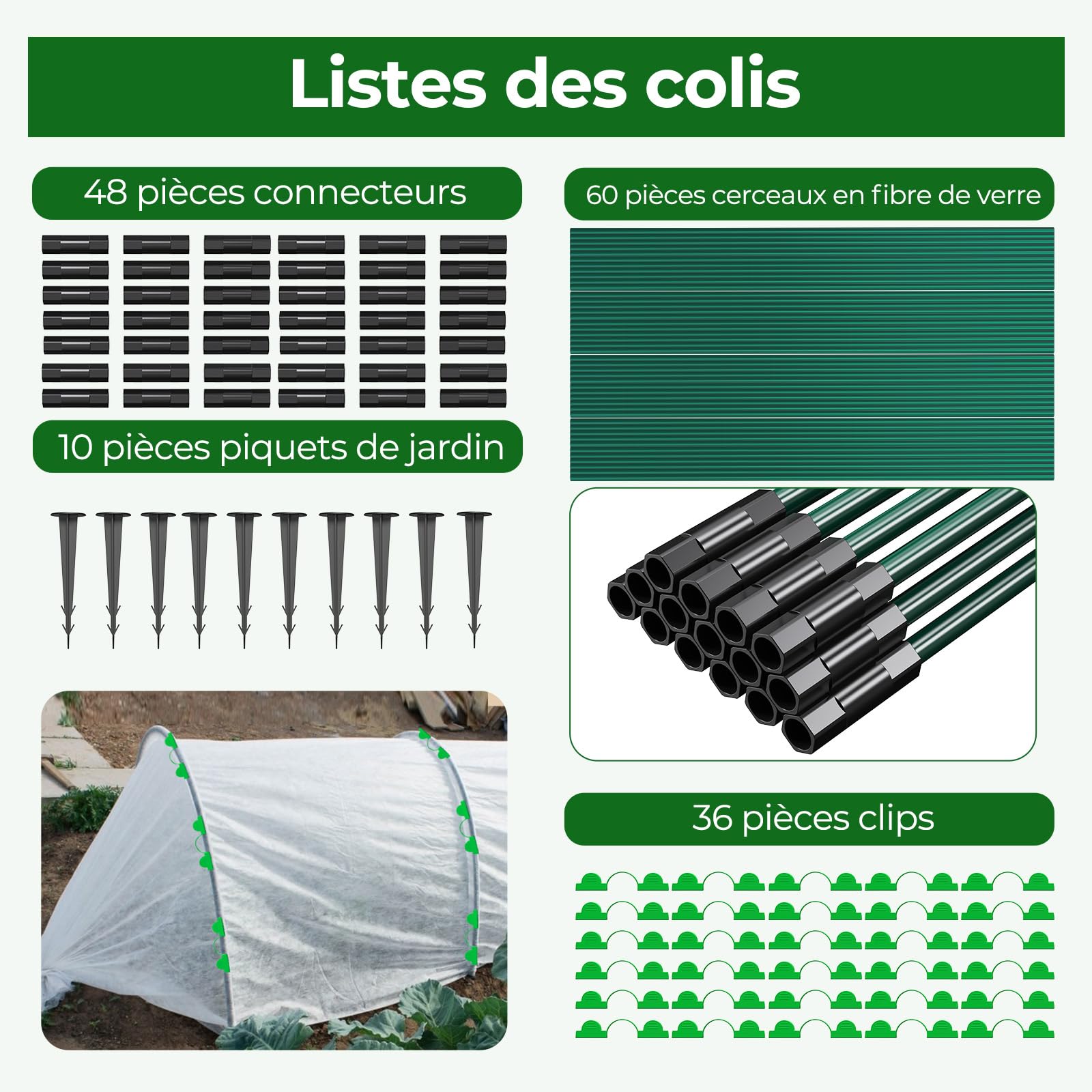 MYMULIKE Lot de 60 Tunnels de Culture pour Carrés Potagers, Arceaux de Tunnel de Plantes, Kit de 12 Arceaux de Jardin en Fibre de Verre, Arceaux de Serre pour Légumes, Fleurs et Fruits