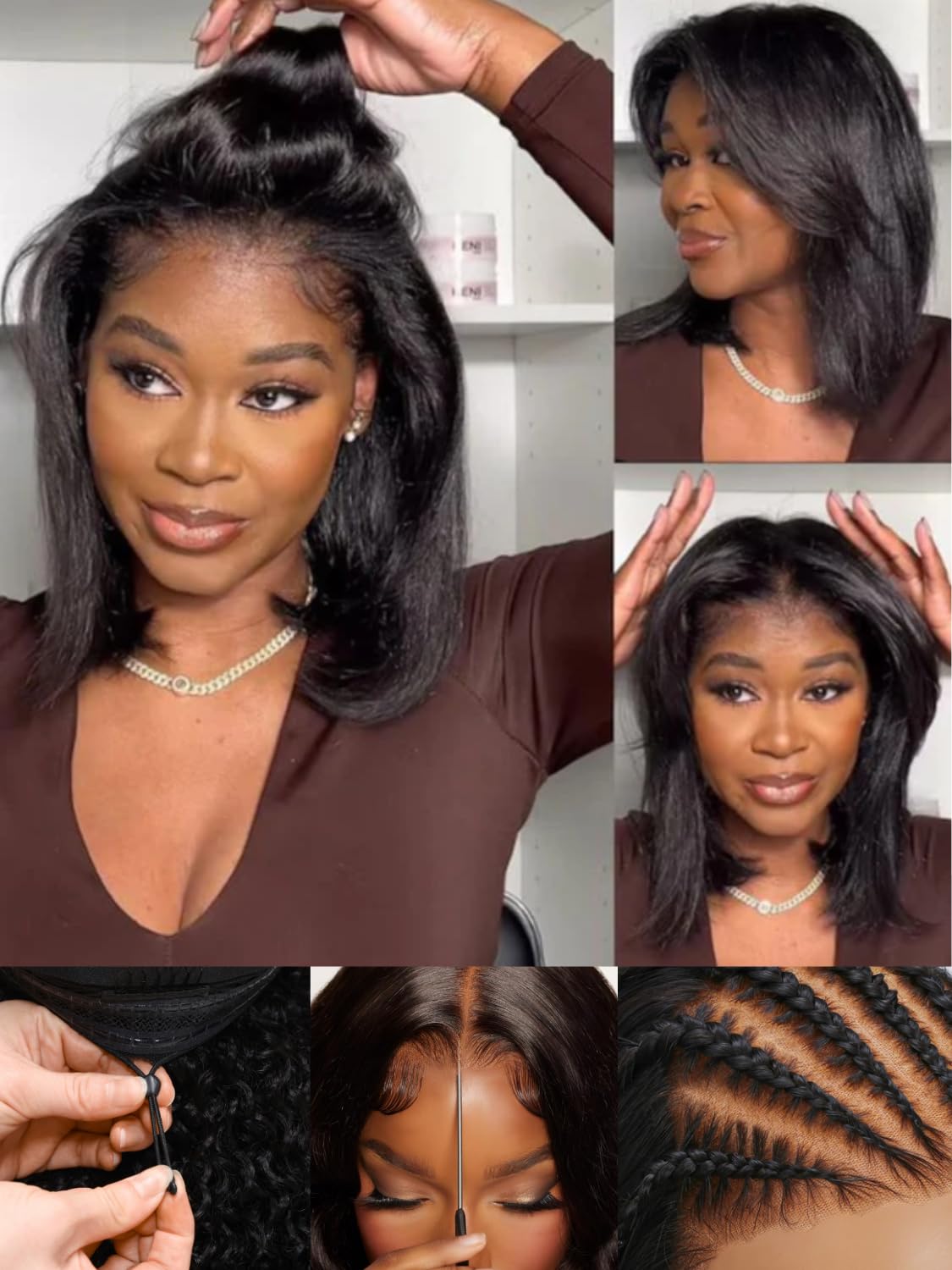 Sunber Bye Bye Knots Yaki Straight Bob Human Hair Wigs Pre Cut 7x5 HD Lace Front Glueless Wig with Elastic Drawstring Put and Go Pre Plucked Bleached Invisible Knots Pre Everything Yaki Bob 10Inch