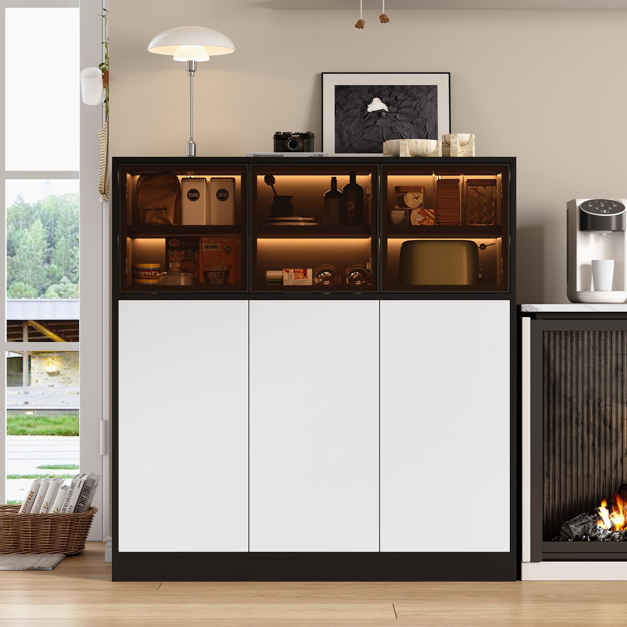 Credenza con illuminazione a LED e 3 ante in vetro, 100 cm, colore nero/bianco, 6 ante e 14 scomparti, con sistema di sicurezza ribaltabile, per soggiorno, cucina e sala da pranzo