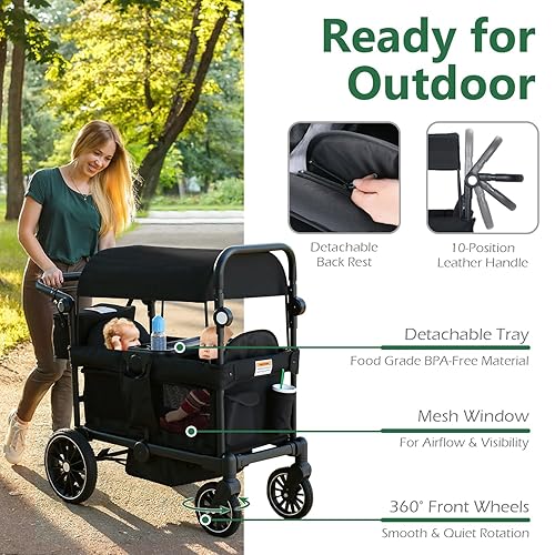 Miniatura 2 de Kinder King Cochecito plegable para 2 niños, cochecito de bebé todo terreno, toldo extraíble de 2 plazas, mango ajustable, rueda que absorbe los