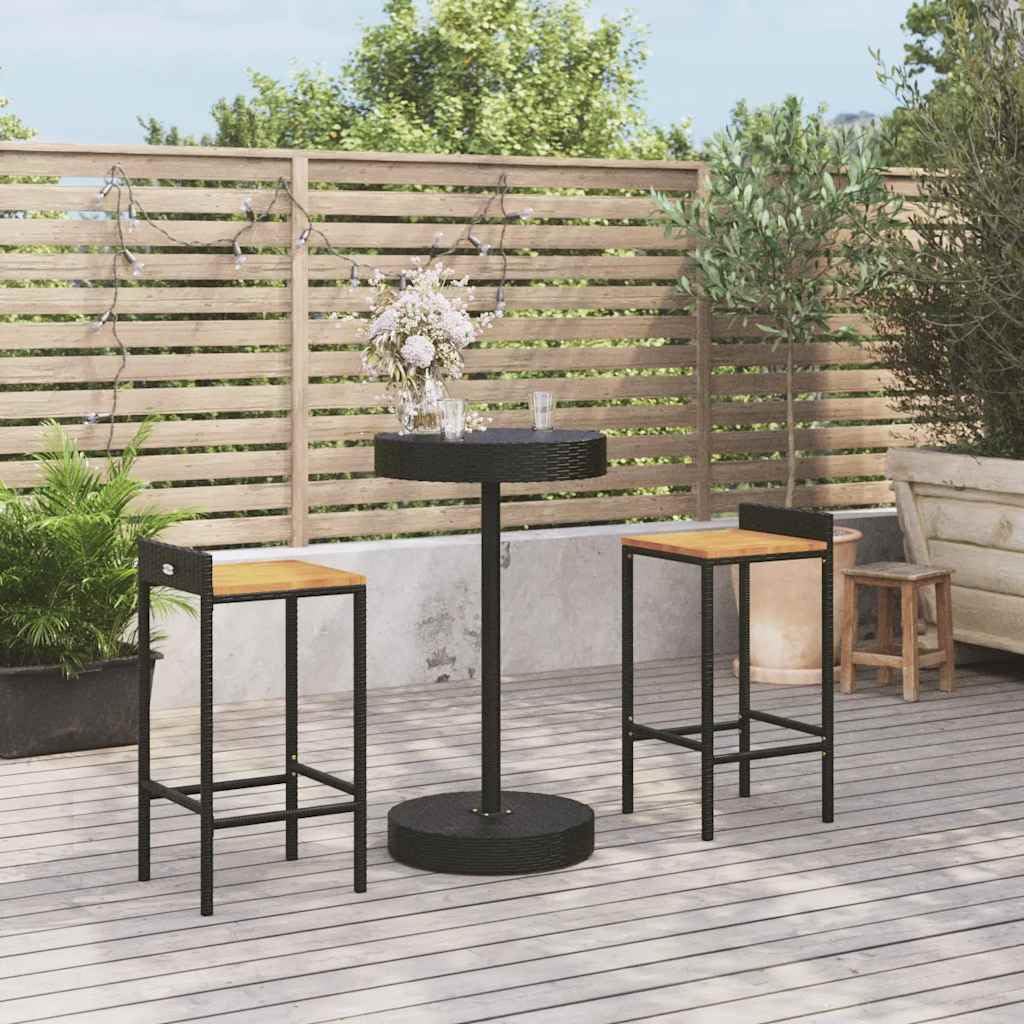 Ensemble de bar de jardin en polyrotin avec table ronde et 2 tabourets noirs pour terrasse