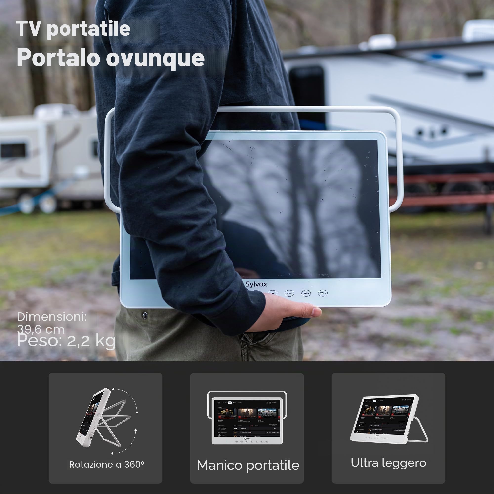 SYLVOX 15.6" Mini TV Portatile, 12V Google TV 1080P, IP66 Impermeabile | TV Regolabile a 360°, Ricaricabile 10000mAn (Lavoro 4-6 Ore), DVB-T2/S2 HEVC 10, WiFi e bluetooth per Camper/Bagni/ Cucine