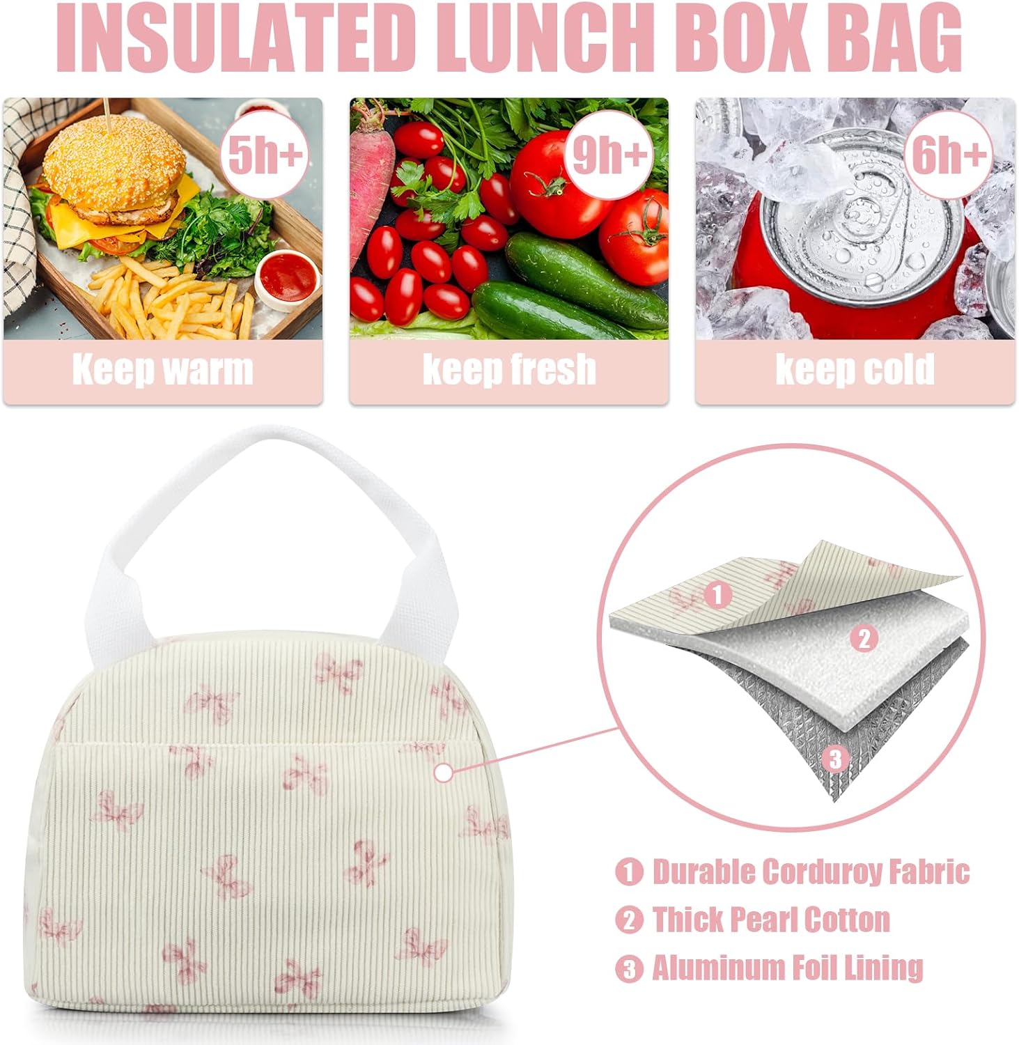 Insulated Lunch Bag Women, Reusable Corduroy Cute Lunch Box, Leakproof Floral Lunch Tote Bag with Large Capacity, Small Cooler Lunch Container for Work Office Travel Picnic (Beige Pink Bow) - Image 3