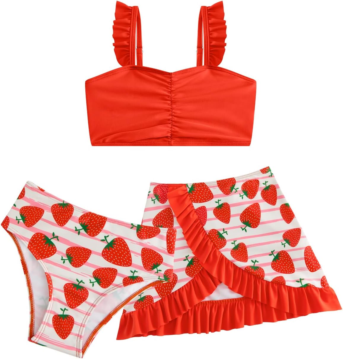 Girls 3 Piece Tankini Swimsuit Ruffle Adjustable Straps 3-8 Years