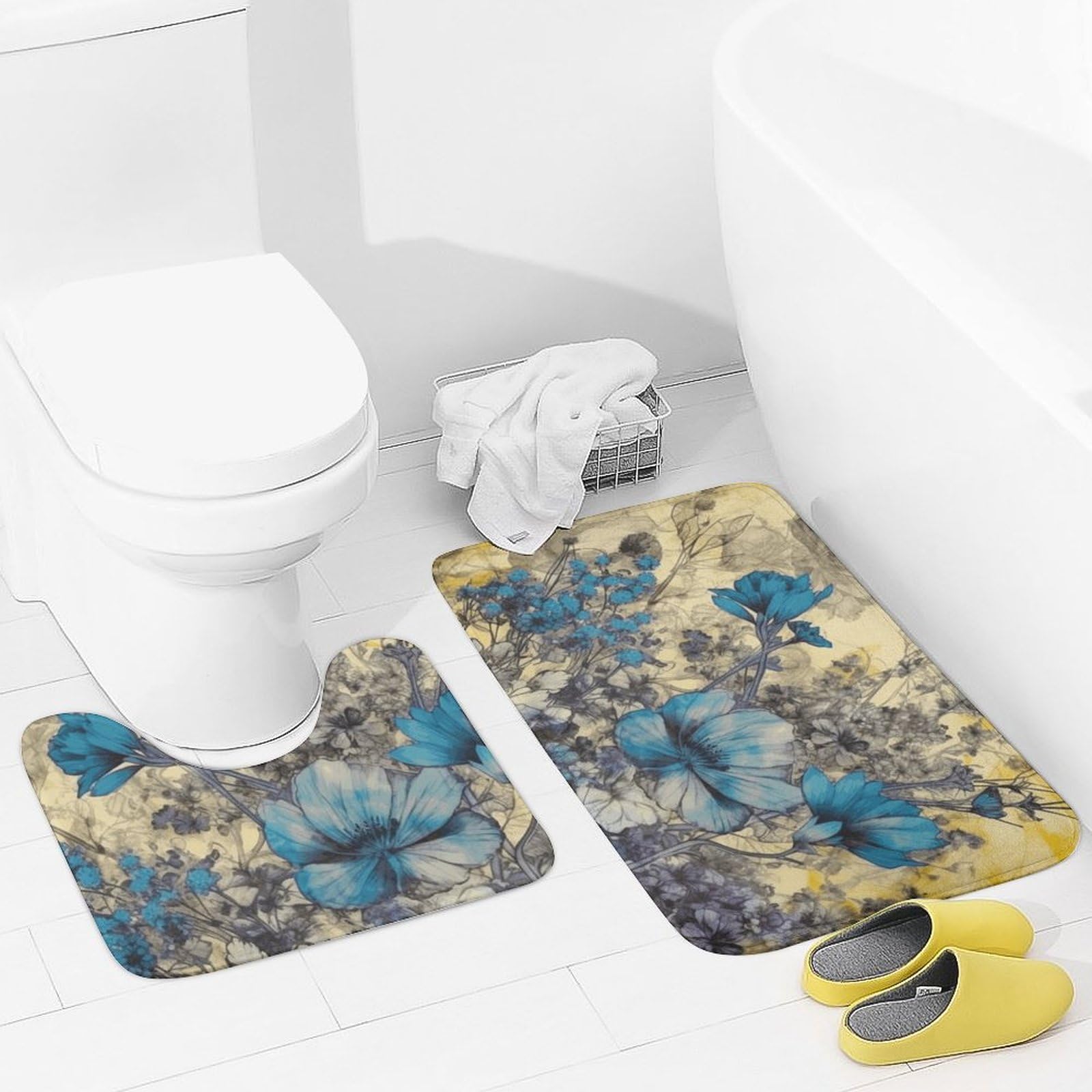 Tapis de bain en microfibre et tapis de toilette bleu en U | Lot de 2