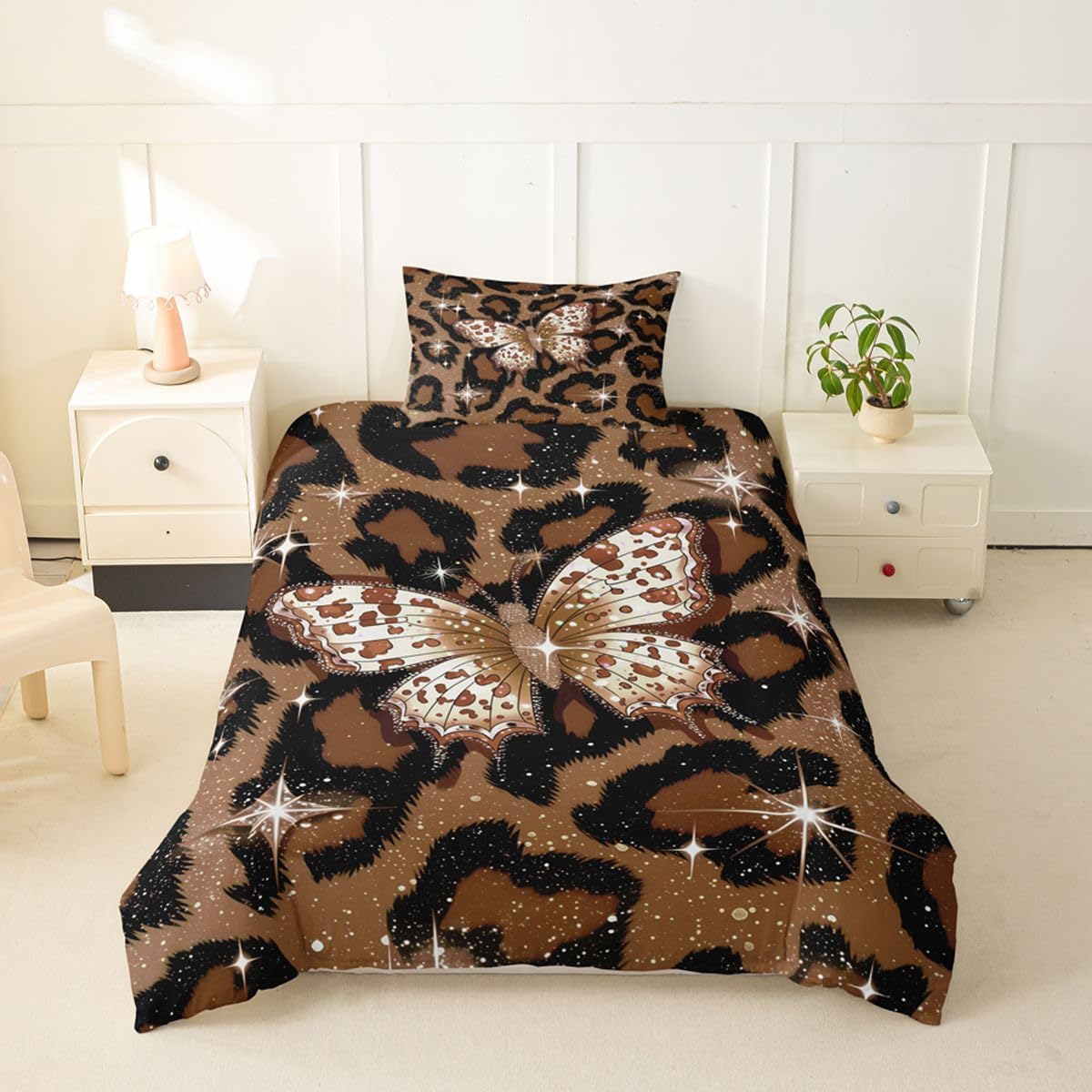 Feelyou Leopard Print Duvet Cover Toddler Size Butterfly Bedding Set for Boys Girls Brown Comforter Cover Bedroom Decor 2Pcs Zipper Closure with 1 Pillowcase (No Comforter)