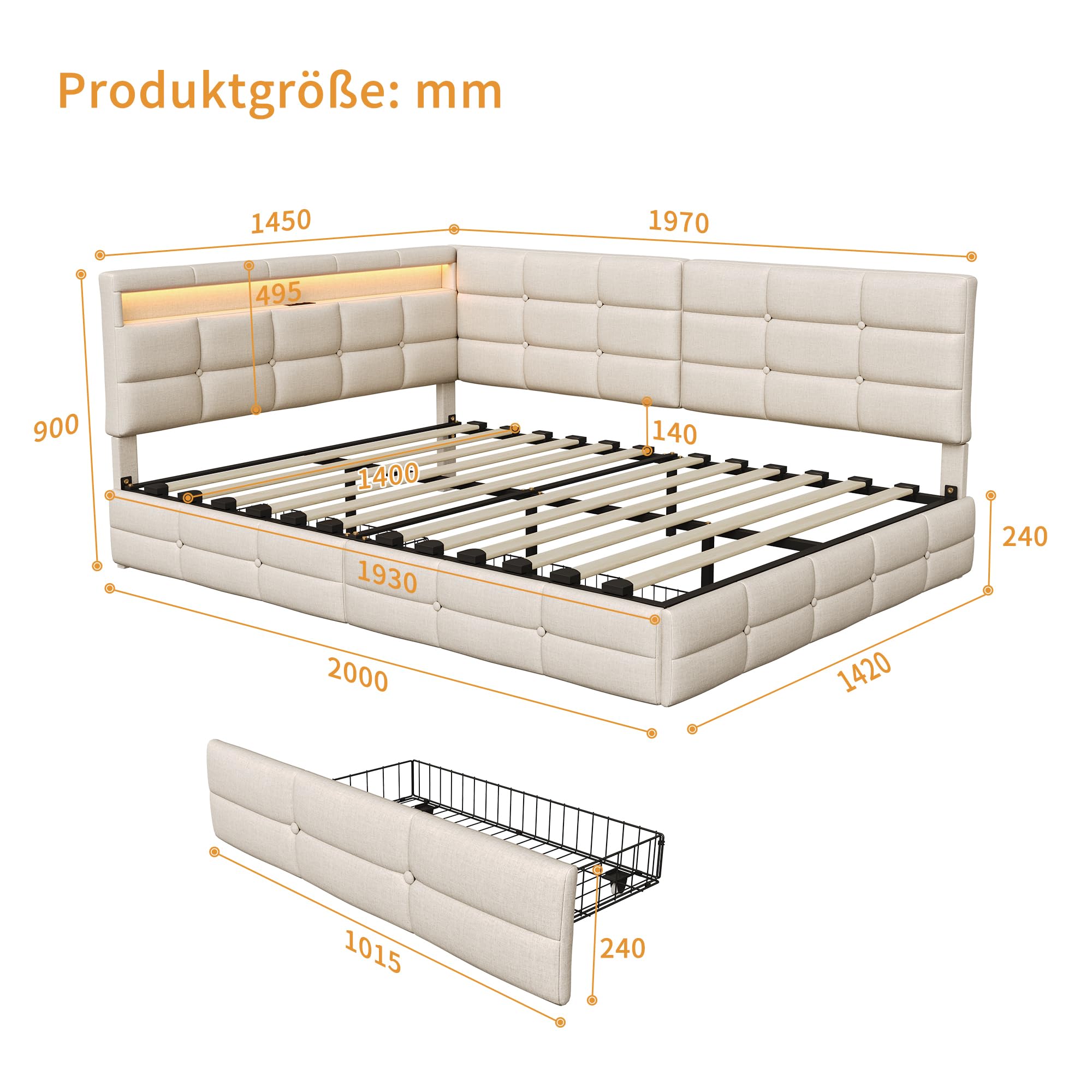 łóżko tapicerowane/sofa 140 x 190 cm, z oświetleniem LED i stacją ładowania USB, łóżko młodzieżowe/tapczan z miejscem do przechowywania i 2 szufladami, łóżko dla gości/rama łóżka ze stelażem
