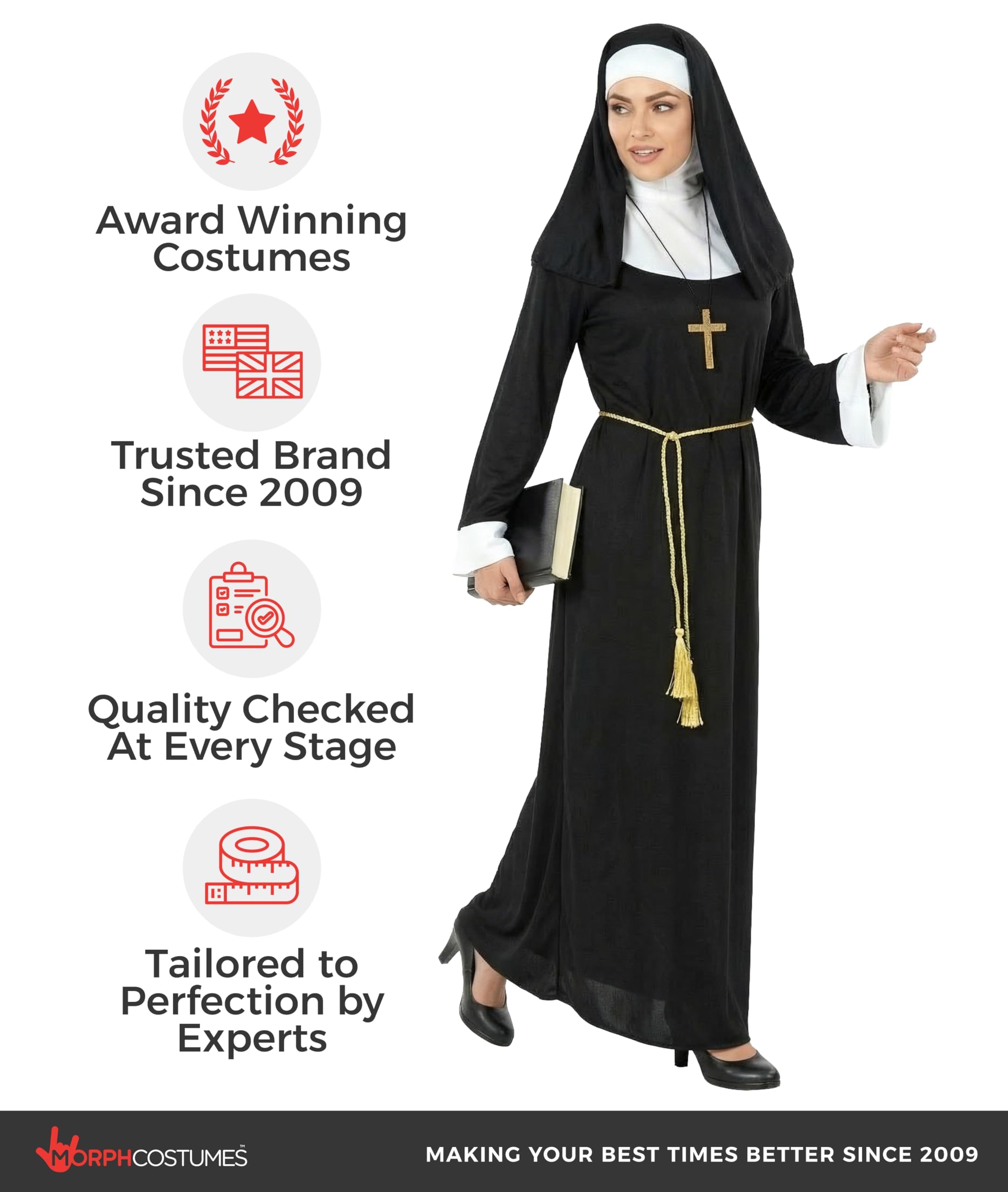 Morph Nonnenkostüm für Damen, Nonnen-Outfit mit Haube, Perfekt für Halloween und Karneval
