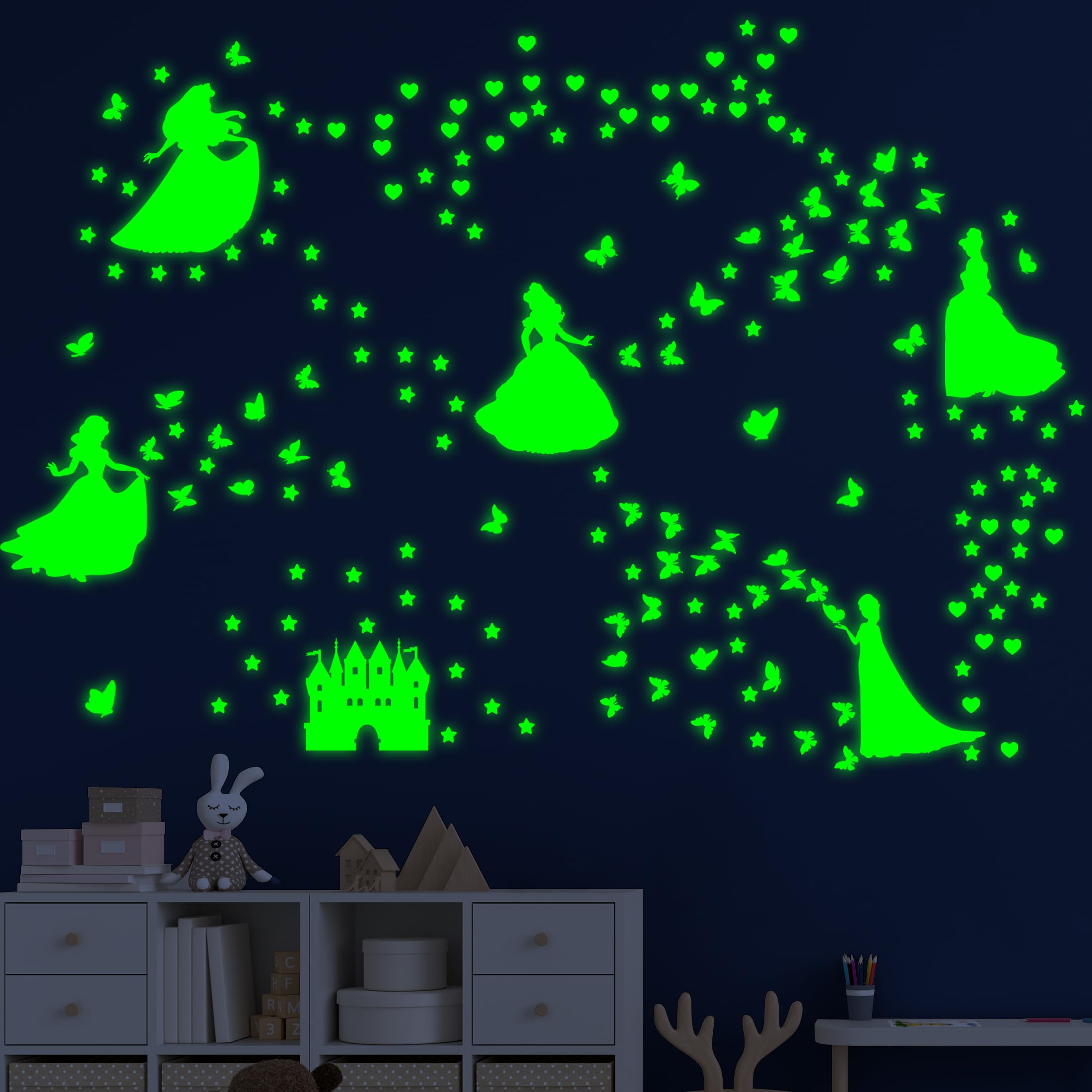 Adhesivo de pared que brilla en la oscuridad, diseño de castillo de princesa, estrella y mariposa, para habitación de niña, calcomanía fluorescente para techo y guardería (verde)