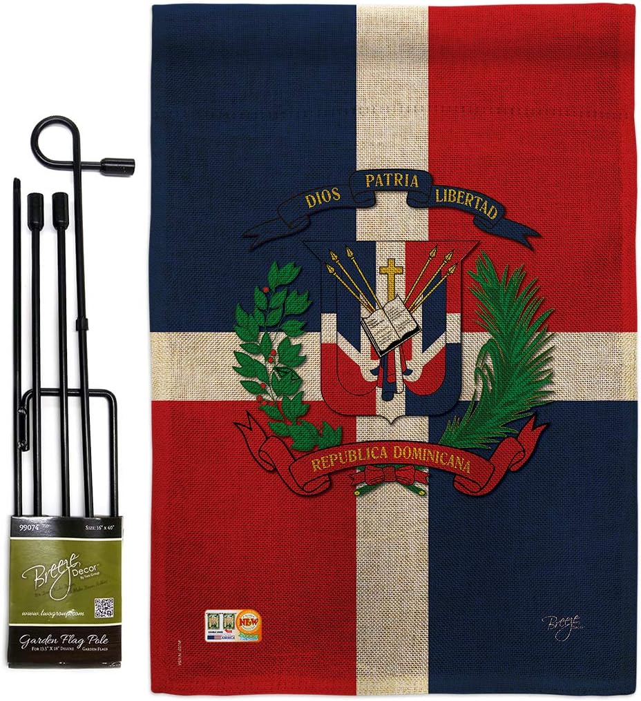 Dominican Republic Burlap Garden Flag Set with Stand Regional Nationality Nation International World Country Particular Area Small Decorative Gift Yard House Banner Double-Sided Made In USA 13 X 18.5