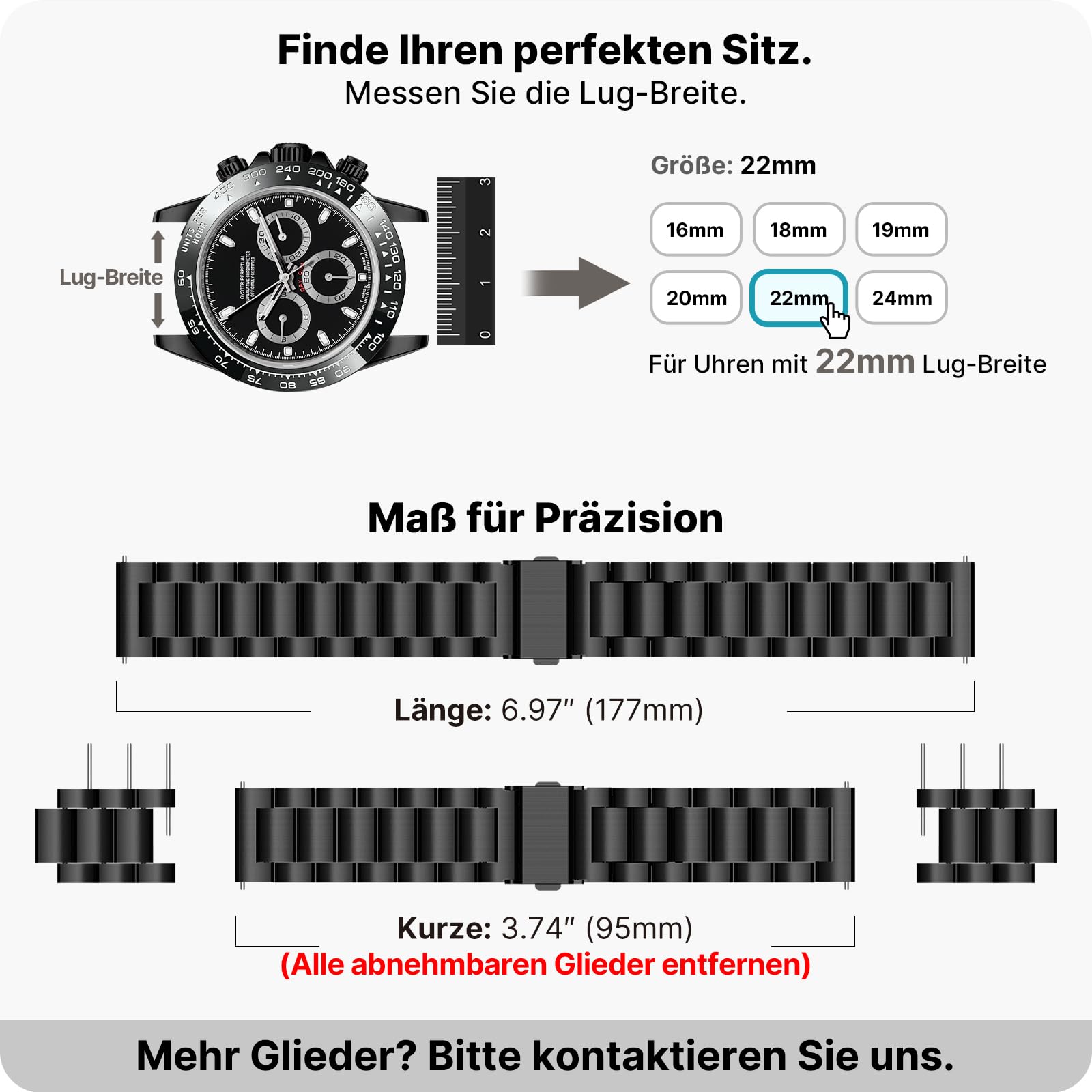Fullmosa Edelstahl Uhrenarmband 22mm 16mm 18mm 19mm 20mm 24mm für Uhr und Smartwatches| Wechsel Ersatz Metallarmband mit Schnellverschluss für Damen&Herren, 22mm Schwarz