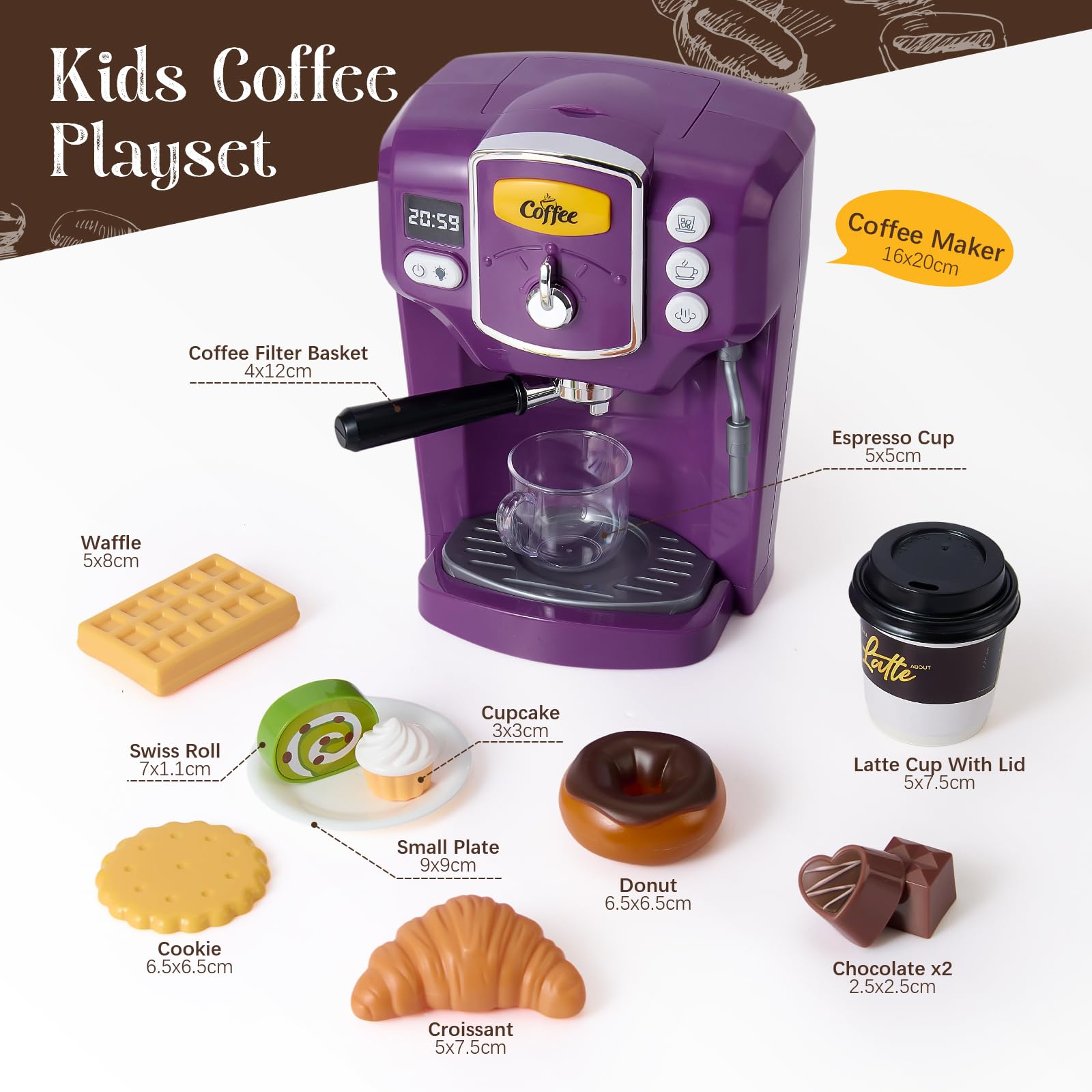Machine à Café pour Enfants avec Son & Lumière & Fonction Eau & Desserts Imités - Jouet de Jeu de Rôle - Cadeau d'anniversaire pour Filles et Garçons à partir de 3 Ans