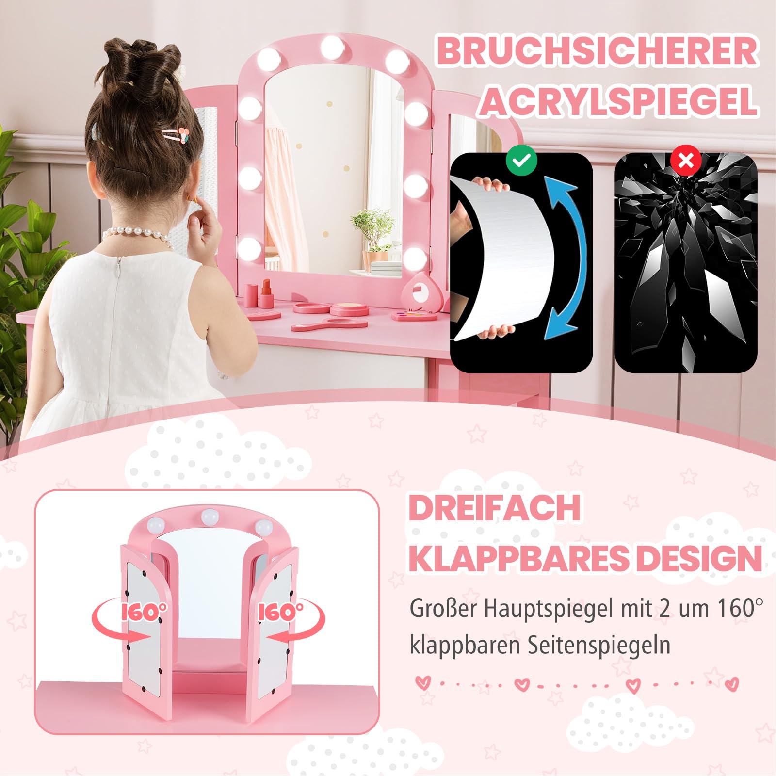 COSTWAY 2 in 1 Kinder Schminktisch mit Beleuchtung, Frisiertisch mit Schublade, klappbarem & 3 farbigem Spiegel, Prinzessinnen Kosmetiktisch mit Hocker, Schminkkommode für Mädchen ab 3 Jahren (Rosa)