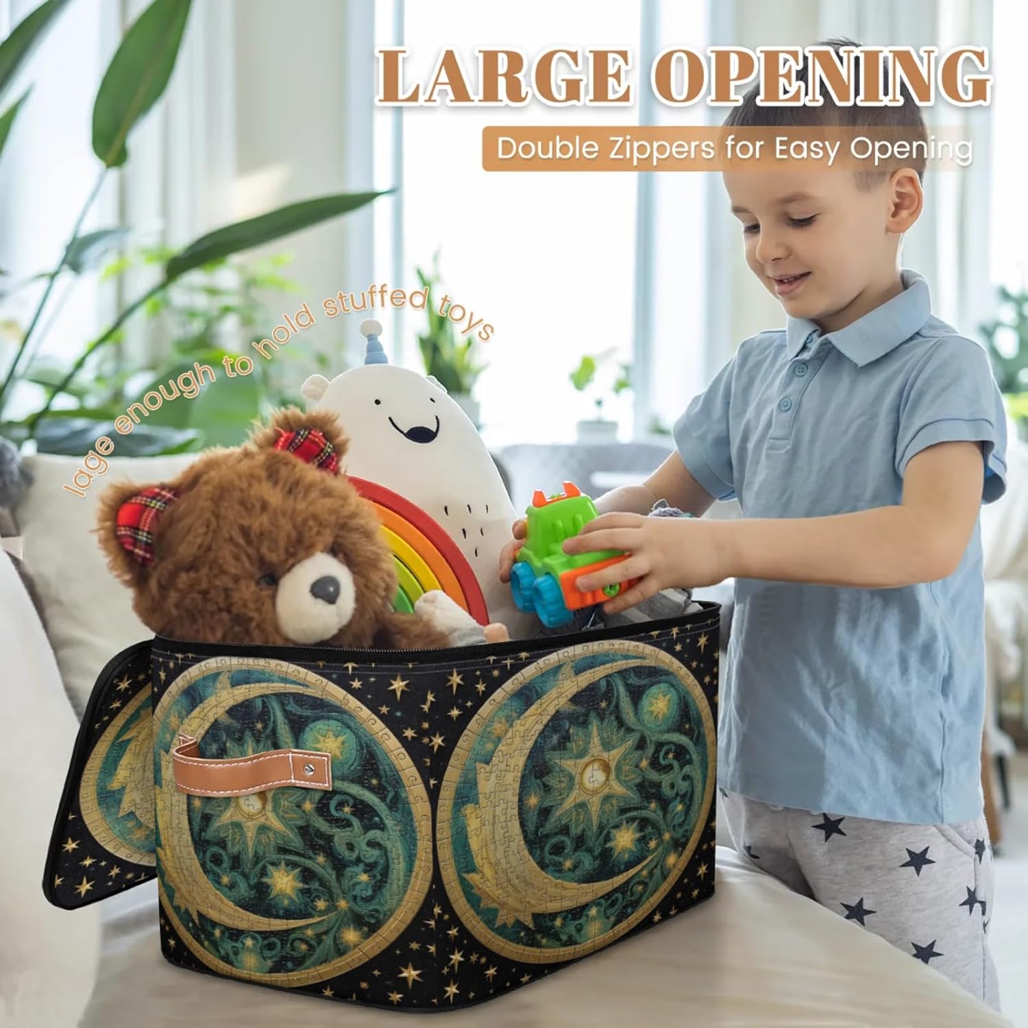 Storage Bin Set of 2 Ethnic Moon Stars Storage Basket with Zipper Lid & Handle Foldable Closet Shelf 2 Pack Cloth Organizer Basket Cube Bins Clothes Organizer for Nursery, Bedroom