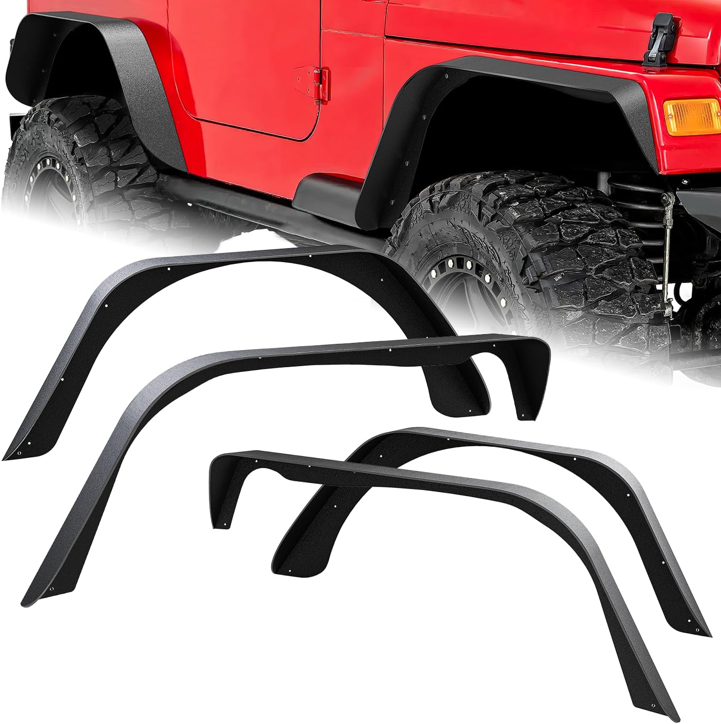 Nilight Off-Road Fender Flares Kit Compatible with 1997 1998 1999 2000 2001 2002 2003 2004 2005 2006 Wrangler TJ & LJ Heavy-Duty Solid Steel Black Textured Front Rear Flat 4 PCS