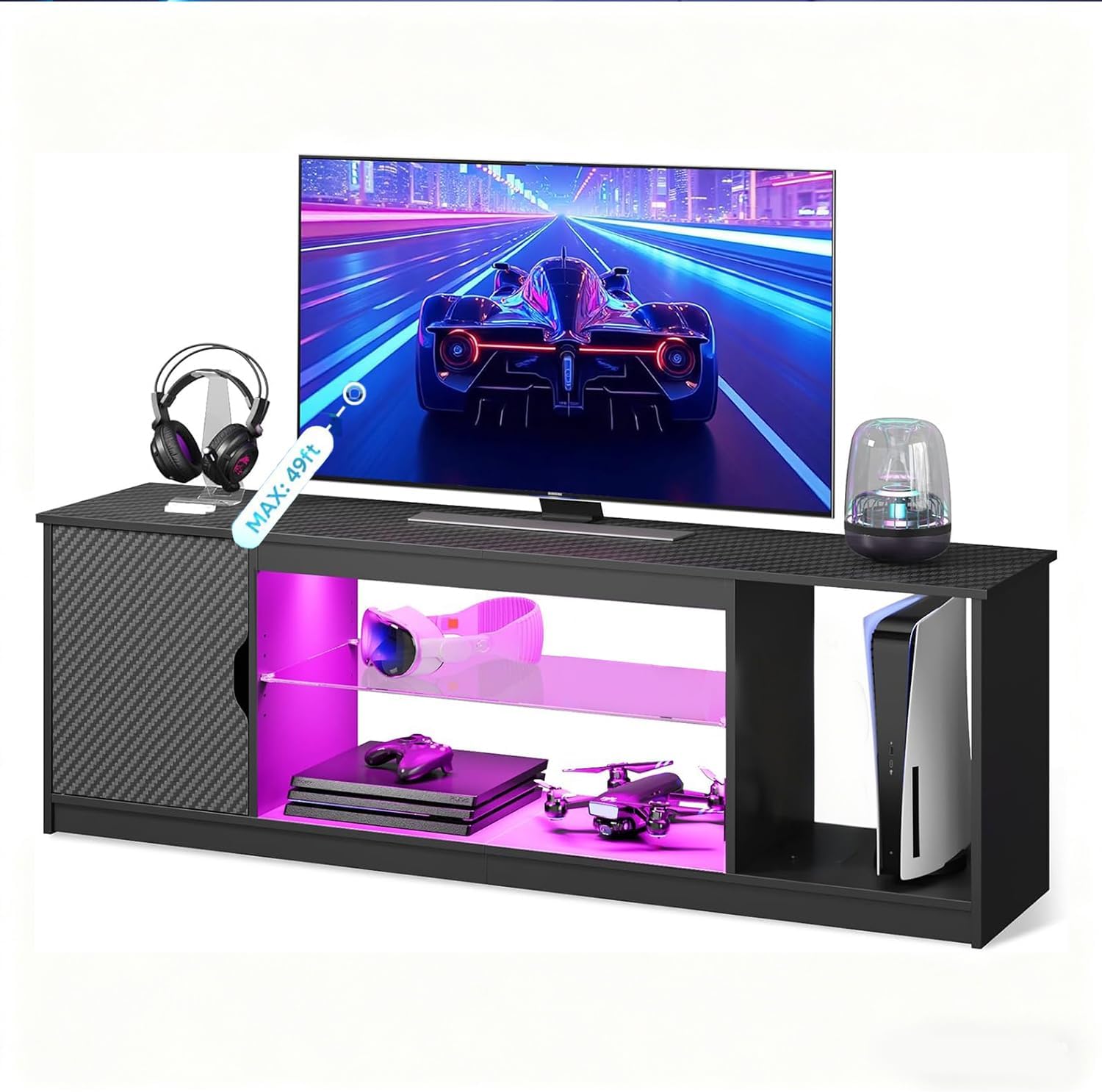 Bestier 57" LED TV Stand for 55/60/65 Inch TVs - Gaming Entertainment Center with RGB Lights, Adjustable Glass Shelves & Cabinet for PS5/Xbox, Modern Black TV Console for Living Room - Image 7