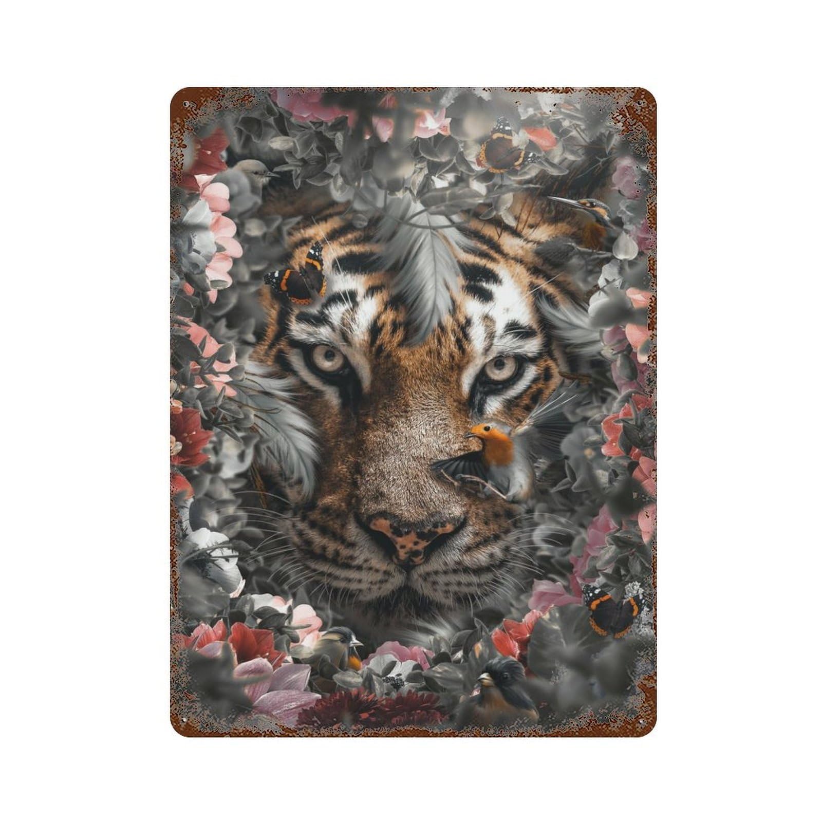 Flowered Tiger 15.7"x11.8" Vintage Rust Metal Sign, Classic Wall Plaque for Pub, Kitchen And Man Cave Decor