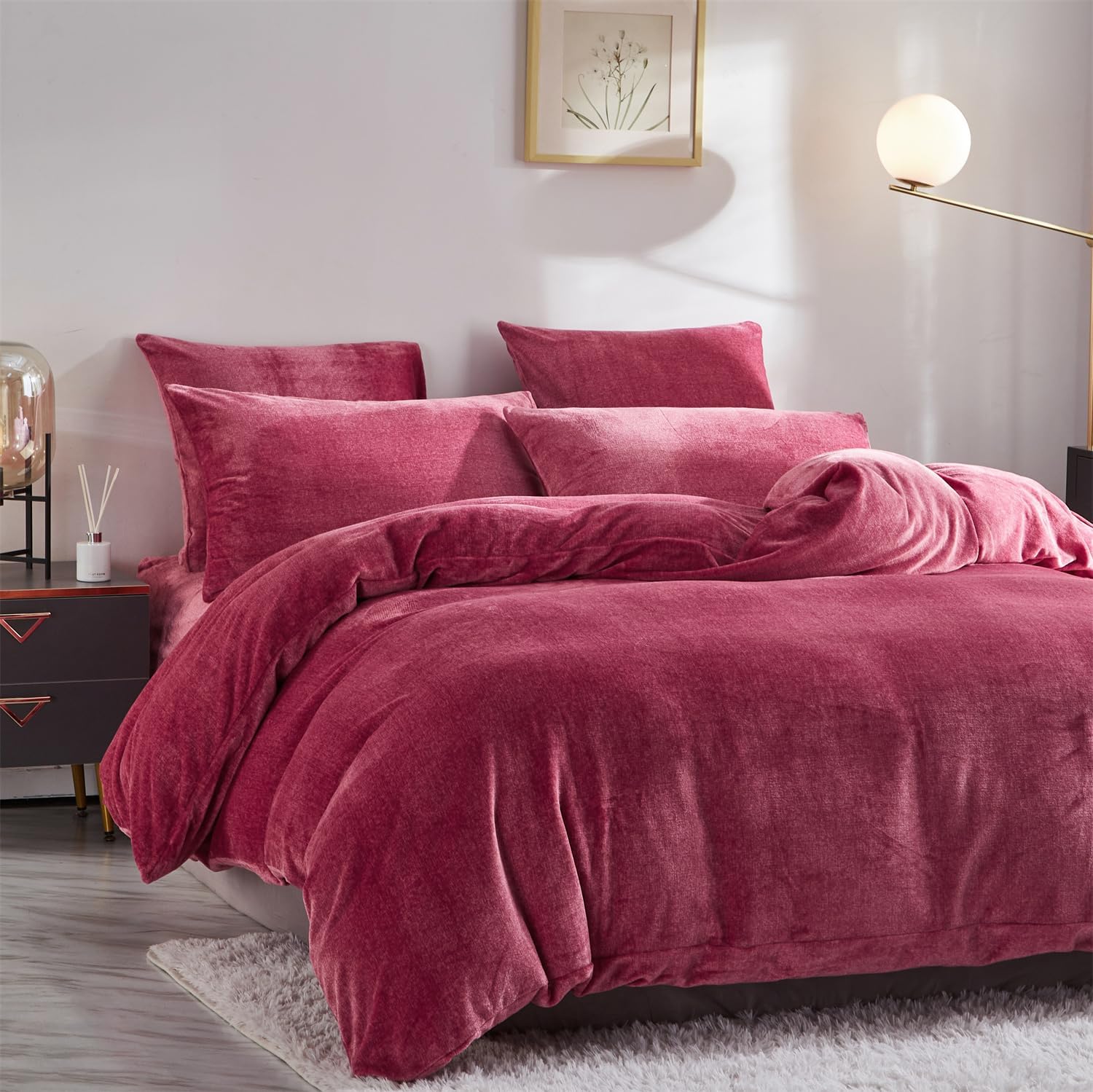 Fluffy Velvet Duvet Cover Set Red Twin Size Fall Winter Soft Warm Flannel Comforter Cover Wine Red 68" x 90" Luxury Cozy Plush Fleece Reversible Bedding Duvet Cover Set Burgundy 2pc