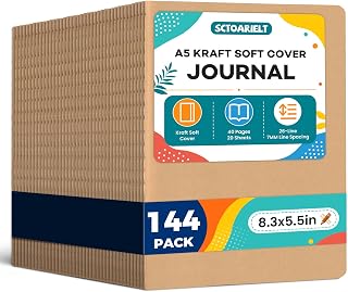 144 Pack A5 Kraft Journal Notebooks Bulk, Lined Travel Journal | Kraft Paper Brown Soft Cover, 8.3 x 5.5 Inches, Composition Notebook for School, Office, Work, 40 Pages / 20 Sheets