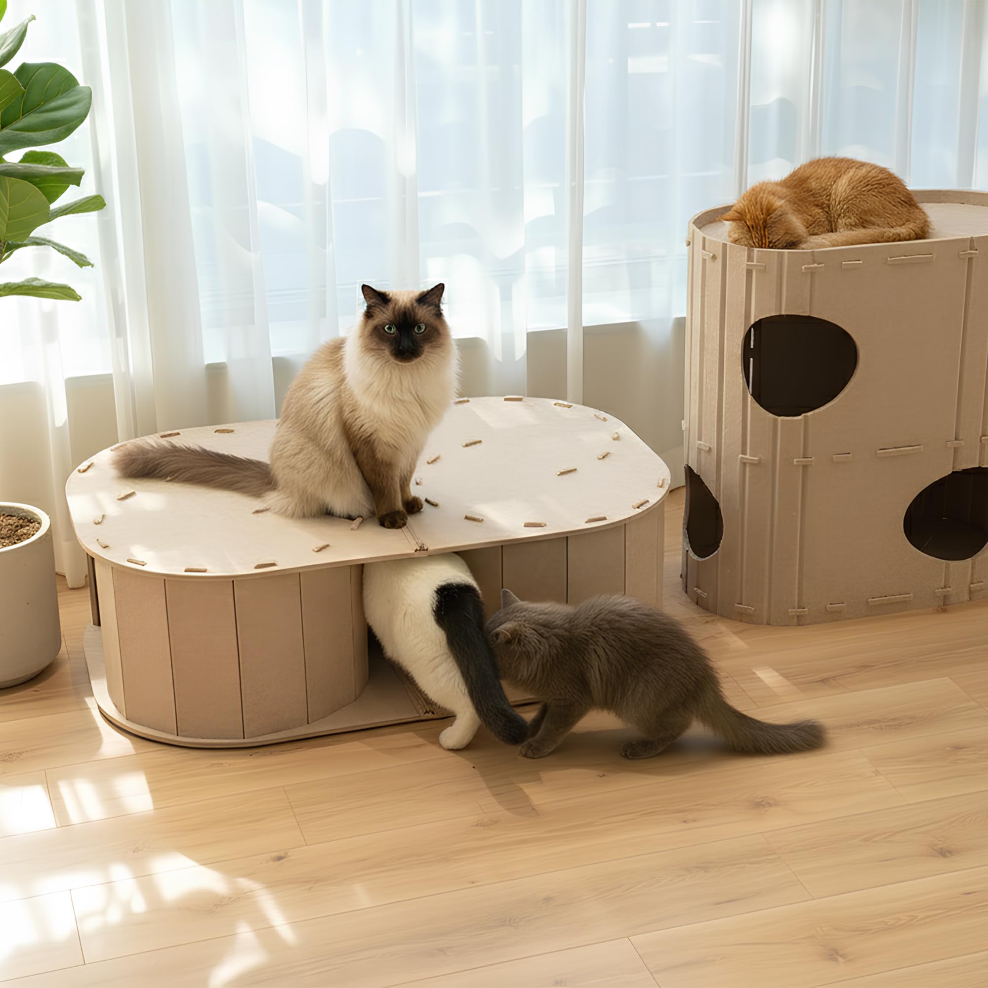 PETKARAY Großer Katzentunnel aus Filz, doppeltes S-förmiges Versteck für Indoor-Katzen, interaktives Katzenbett, Höhle und Versteck 86,4 x 57,9 x 25,9 cm, Beige
