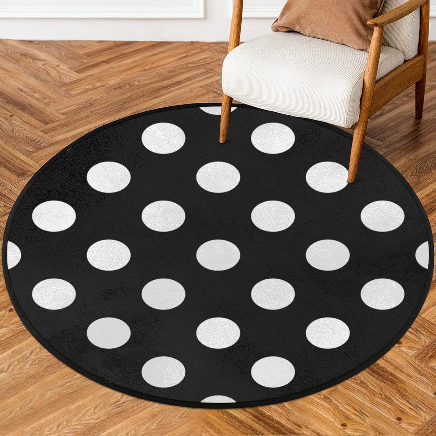 White Black Polka Dot Round Area Rug, Large Circle Rugs Non Slip Round Floor Mat Soft Washable Carpet for Living Room Bedroom Indoor, 5 ft