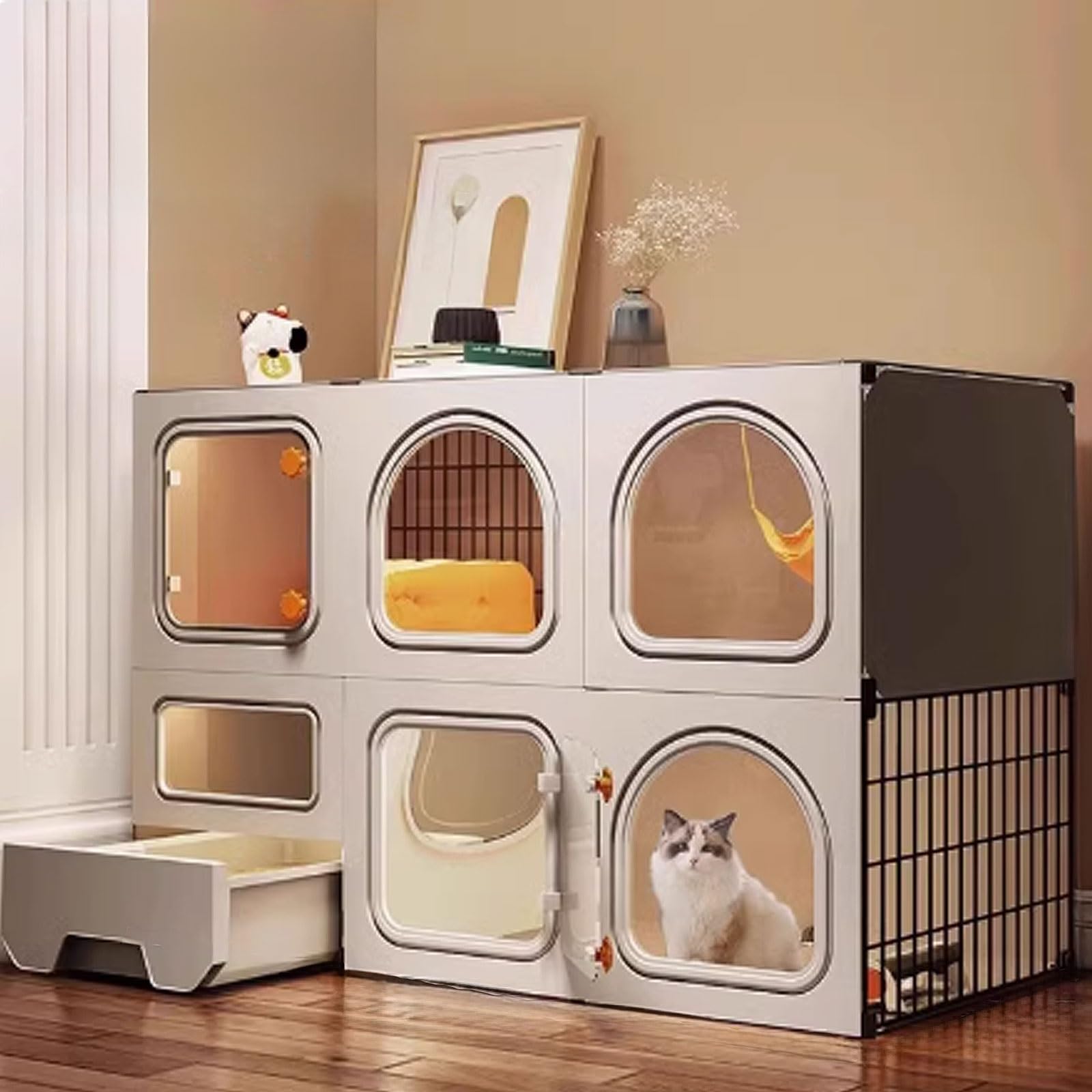 GUQASDV Cat Cages Indoor, Cat Houses, Cat Playpen with Top Cover, Cat Enclosures with Pull-out Litter Box with Upgraded Lock for Balcony(106 * 36.5 * 71cm)